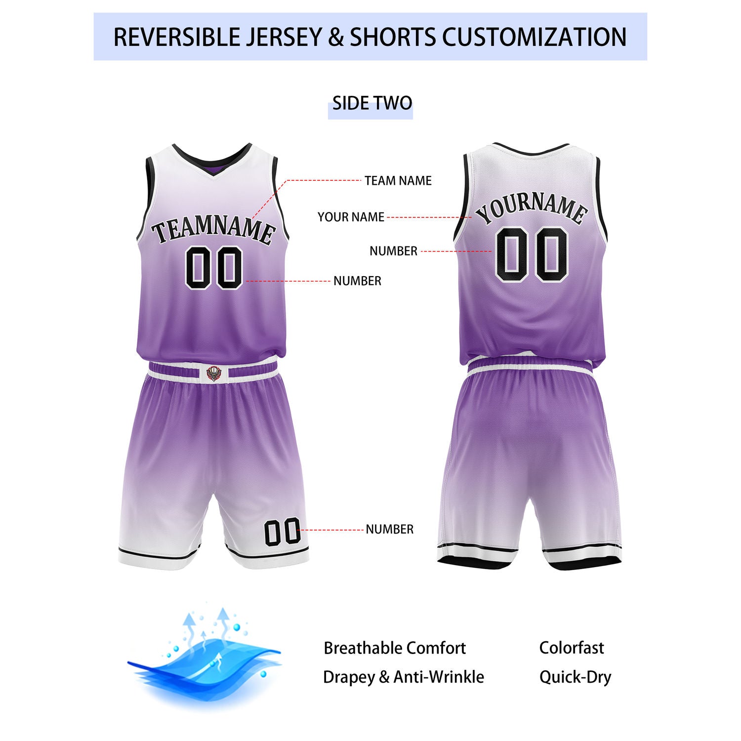 Custom Reversible Purple White Gradient Striped Basketball Uniform Set | Team & Player Name - Vosoli