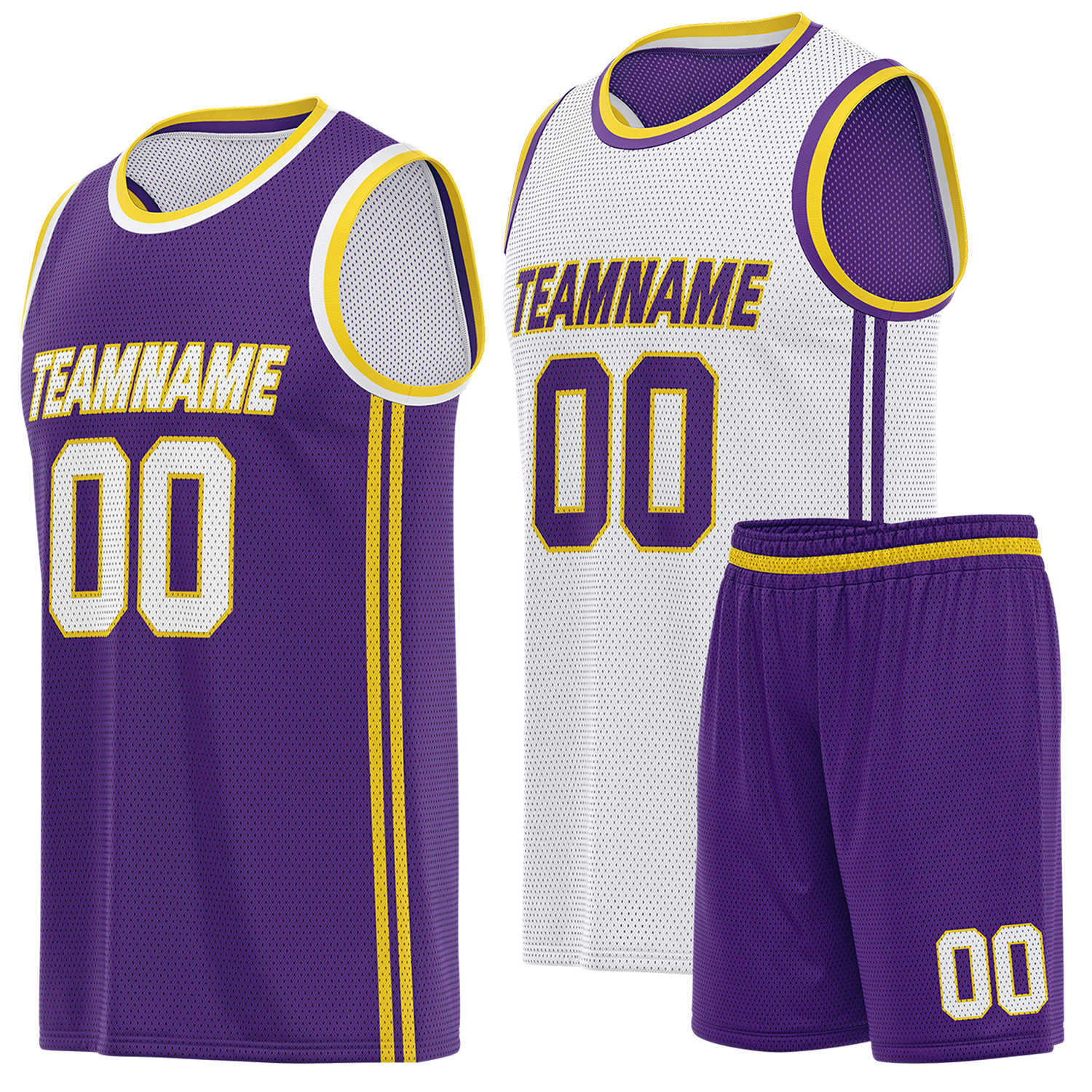 Custom reversible purple & white basketball uniform (jersey + shorts), personalized team name number logo breathable mesh sports set for men women youth game practice - Vosoli