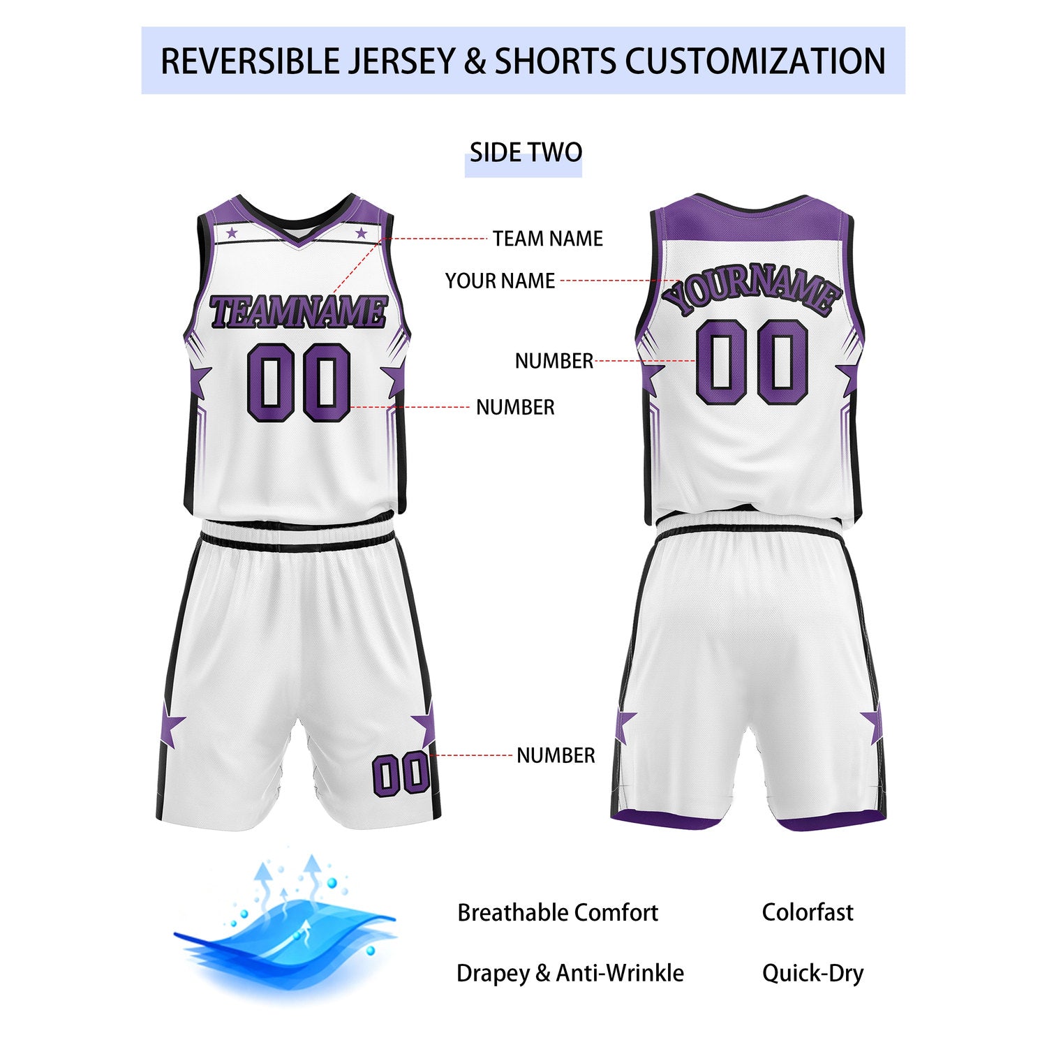 Custom Reversible Purple White Star Basketball Uniform Set | Team Name & Number - Vosoli