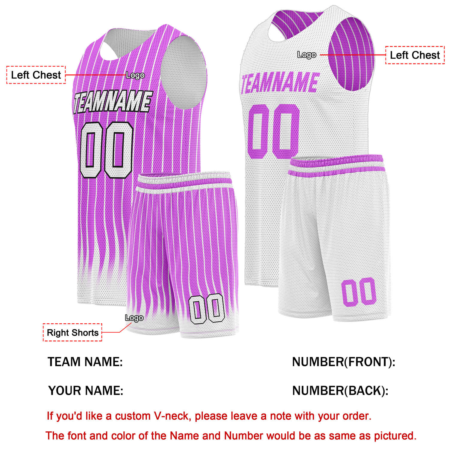 Custom Reversible Basketball Jersey + Shorts Set (Purple & White Stripe) - Personalized Team Name, Number & LOGO | Vosoli