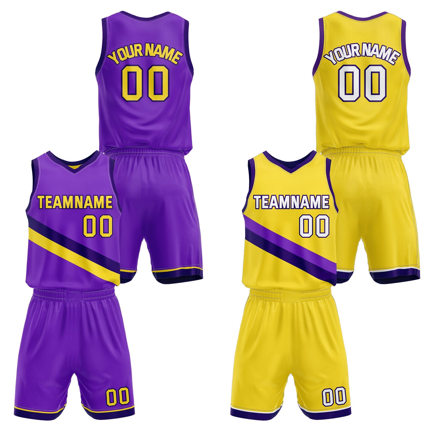 Custom Reversible Purple Yellow White Basketball Uniform Set | Team & Player Name - Vosoli