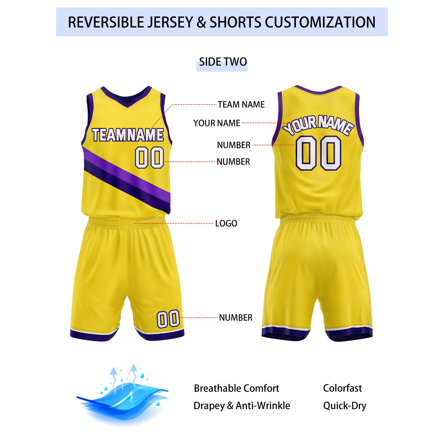 Custom Reversible Purple Yellow White Basketball Uniform Set | Team & Player Name - Vosoli
