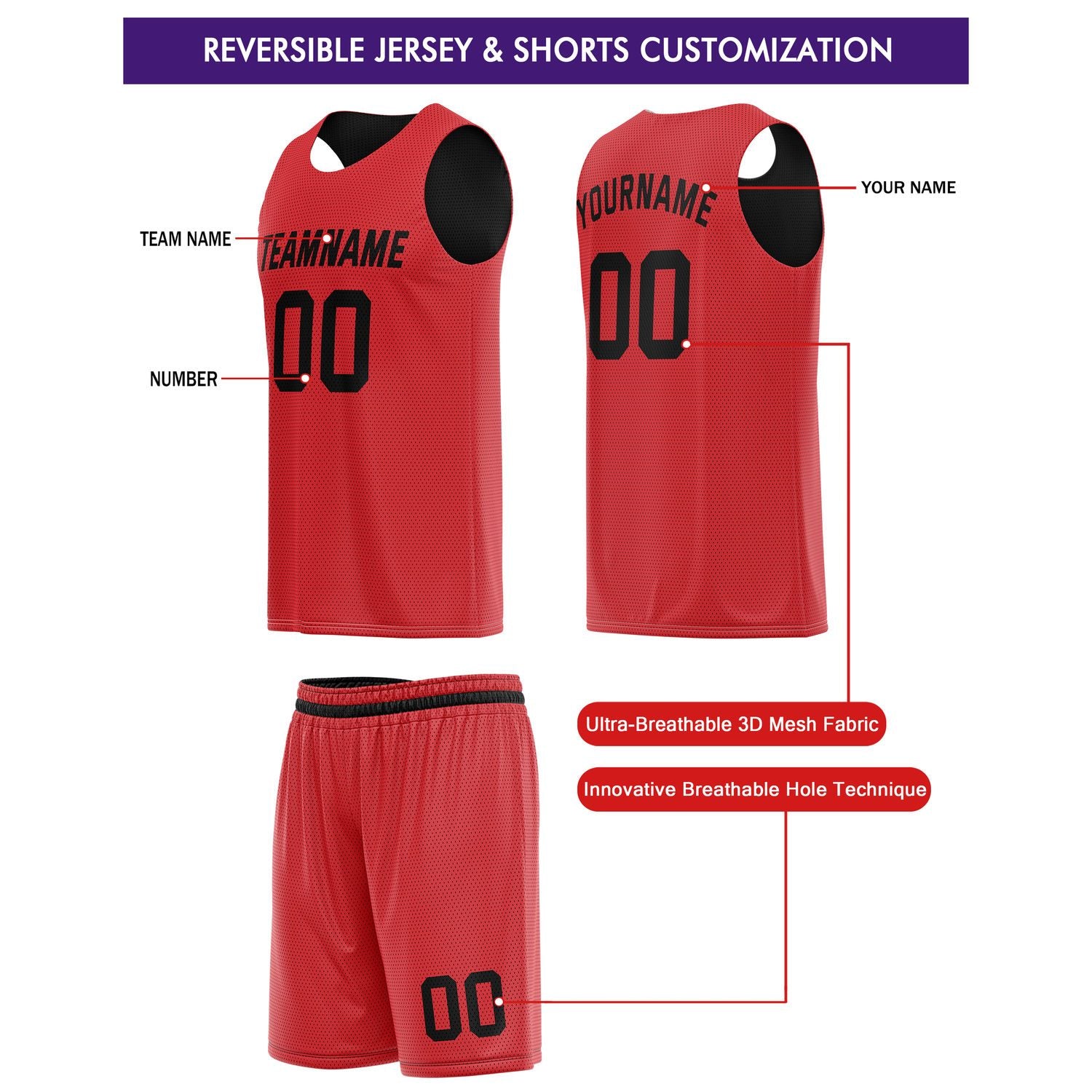 Custom Reversible Red Black Basketball Jersey & Shorts Set | Personalized Team Kit | Vosoli
