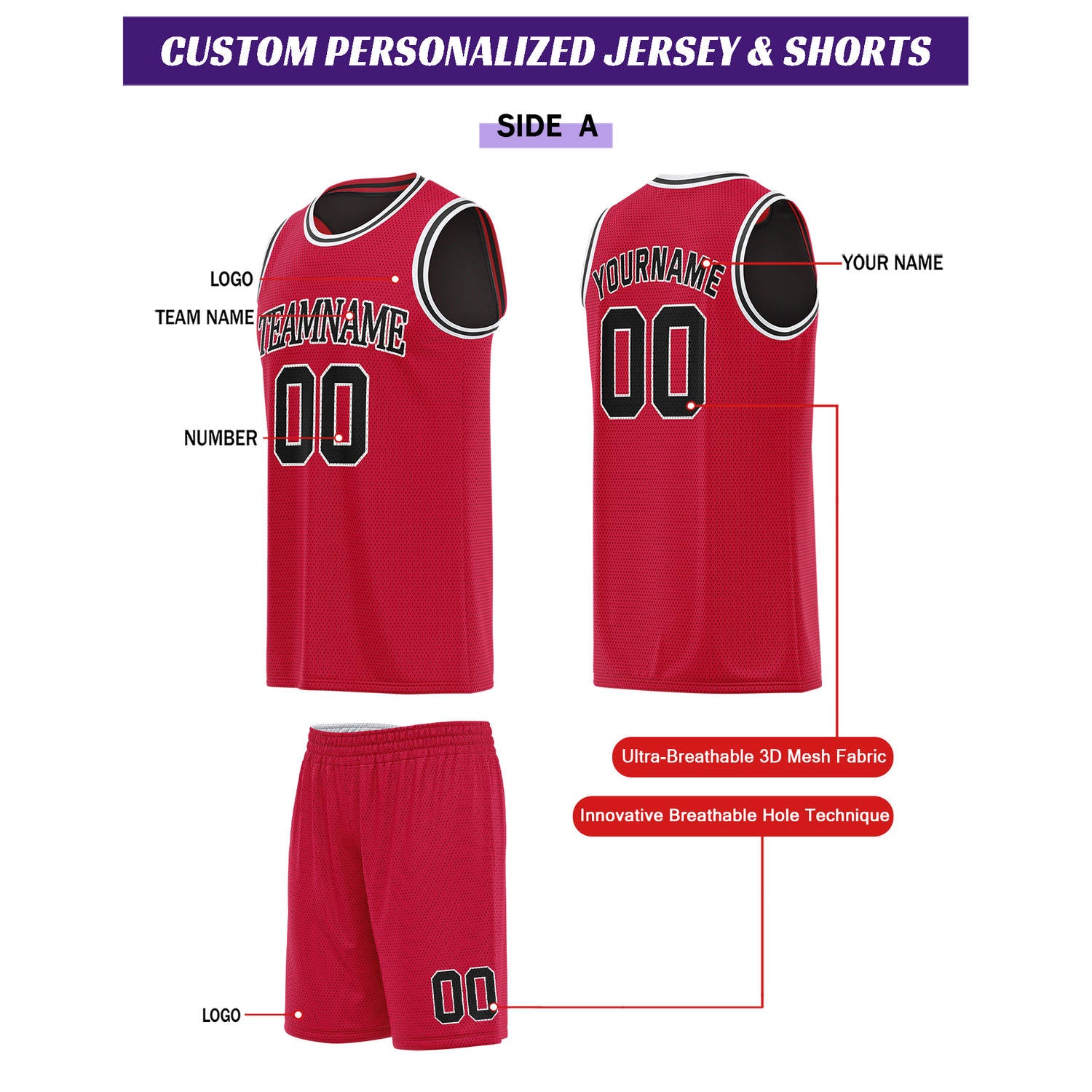Custom Reversible Red & Black Basketball Uniform Set | Personalized for Team Sports Practice - Vosoli