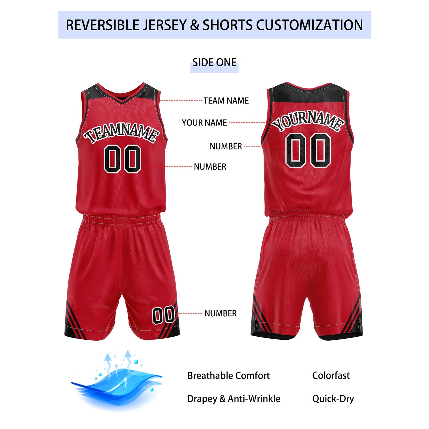 Custom Reversible Red Black Basketball Uniform Set | Team Name & Number - Vosoli