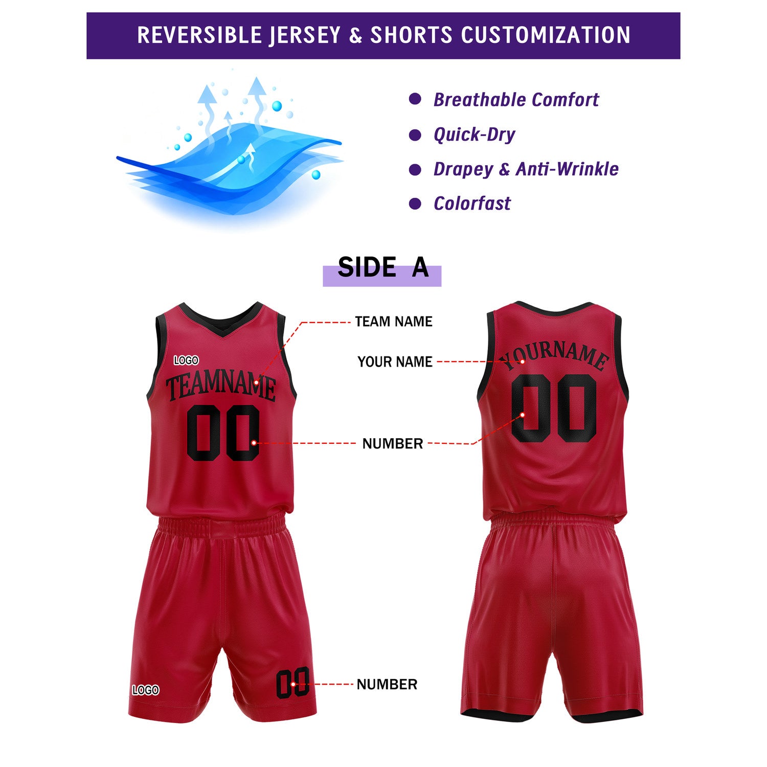 Custom Reversible Red Black Basketball Uniform Set | Team Name & Number - Vosoli