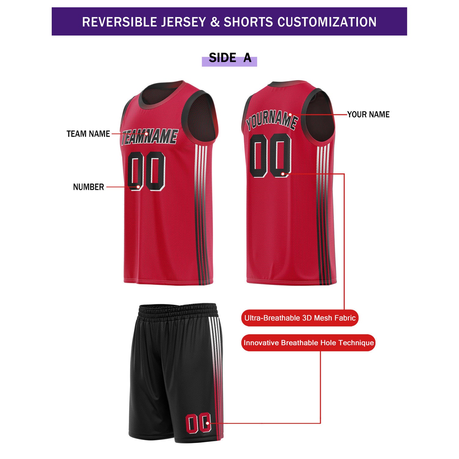 Custom Reversible Red Black Basketball Uniform Set | Team & Player Name - Vosoli