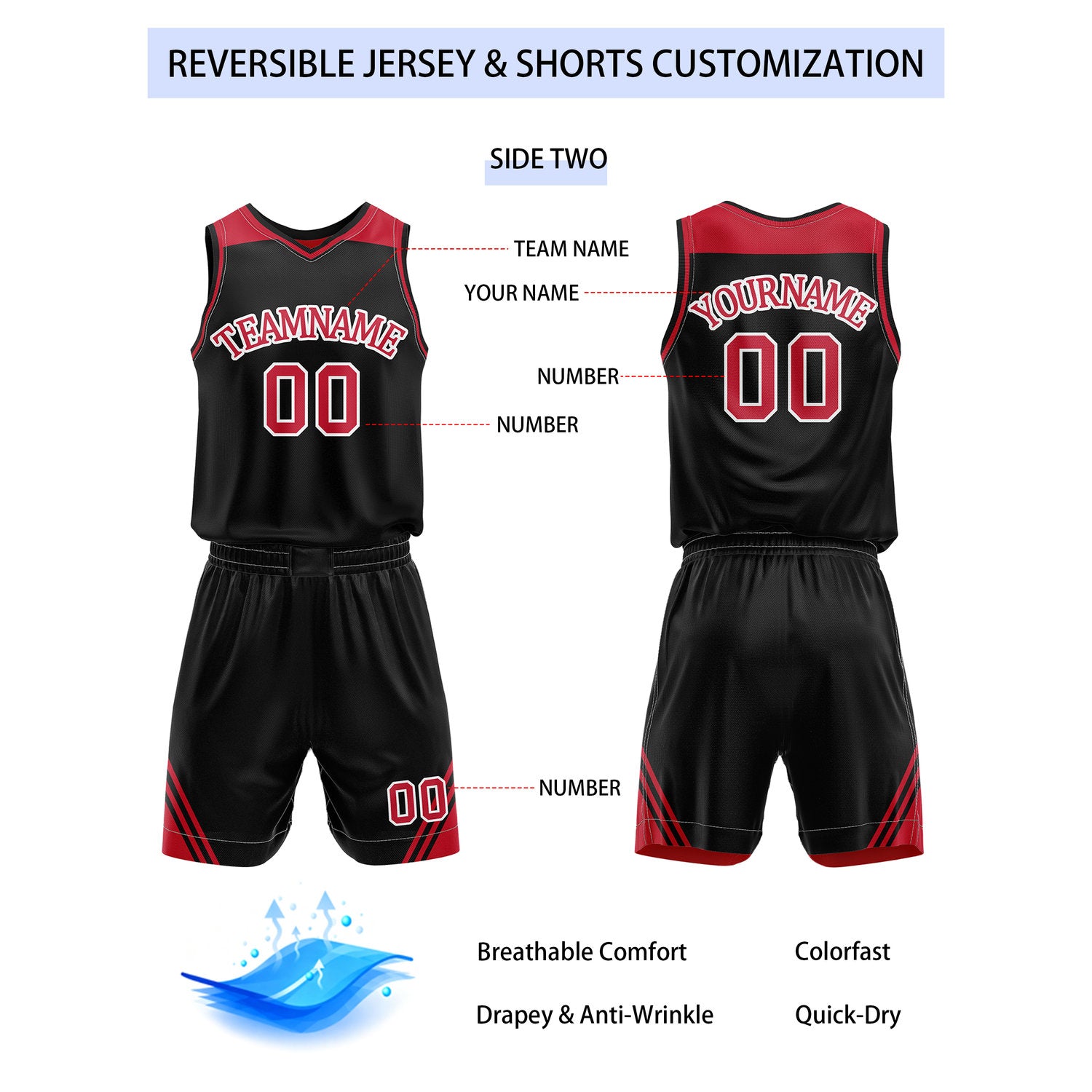 Custom Reversible Red Black Basketball Uniform Set | Team Name & Number - Vosoli