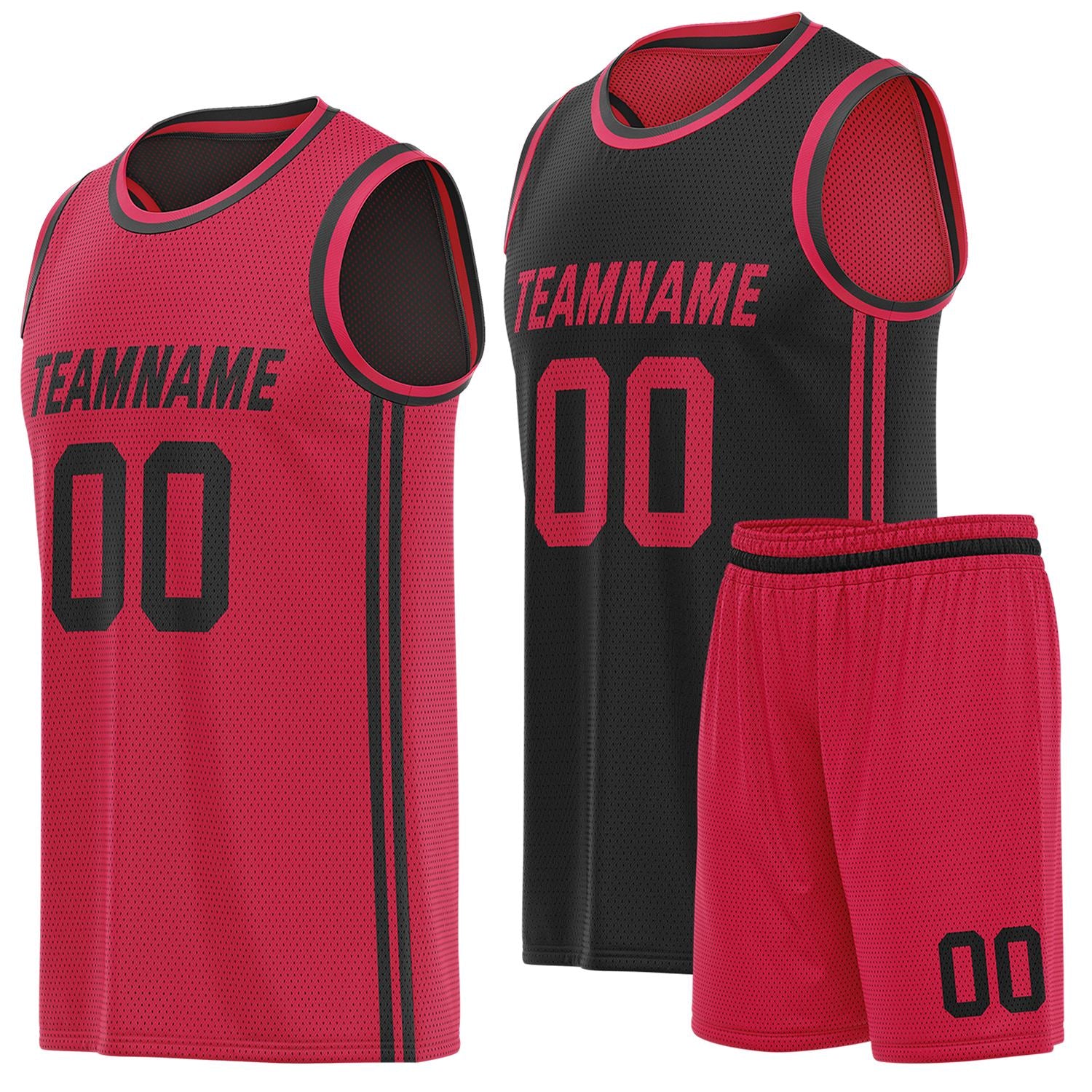 Custom reversible red & black basketball uniform (jersey + shorts), personalized team name number logo breathable mesh sports set for men women youth game practice - Vosoli
