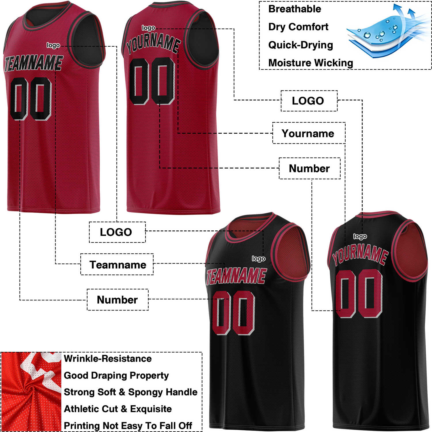 Custom Reversible Red & Black Mesh Basketball Jersey | Personalized Team Jersey | Vosoli