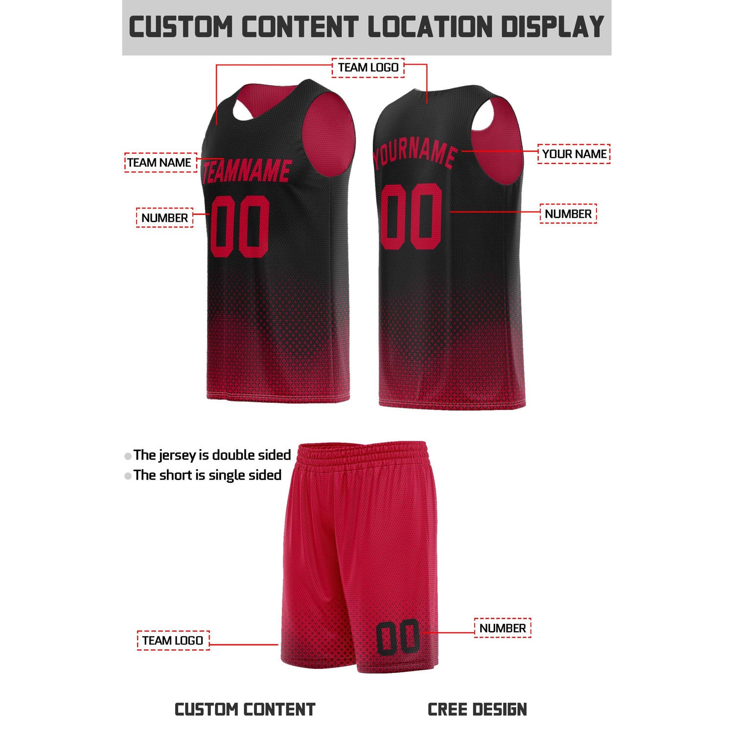 Custom Reversible Red & Black Mesh Basketball Uniform | Personalized Team Set | Vosoli