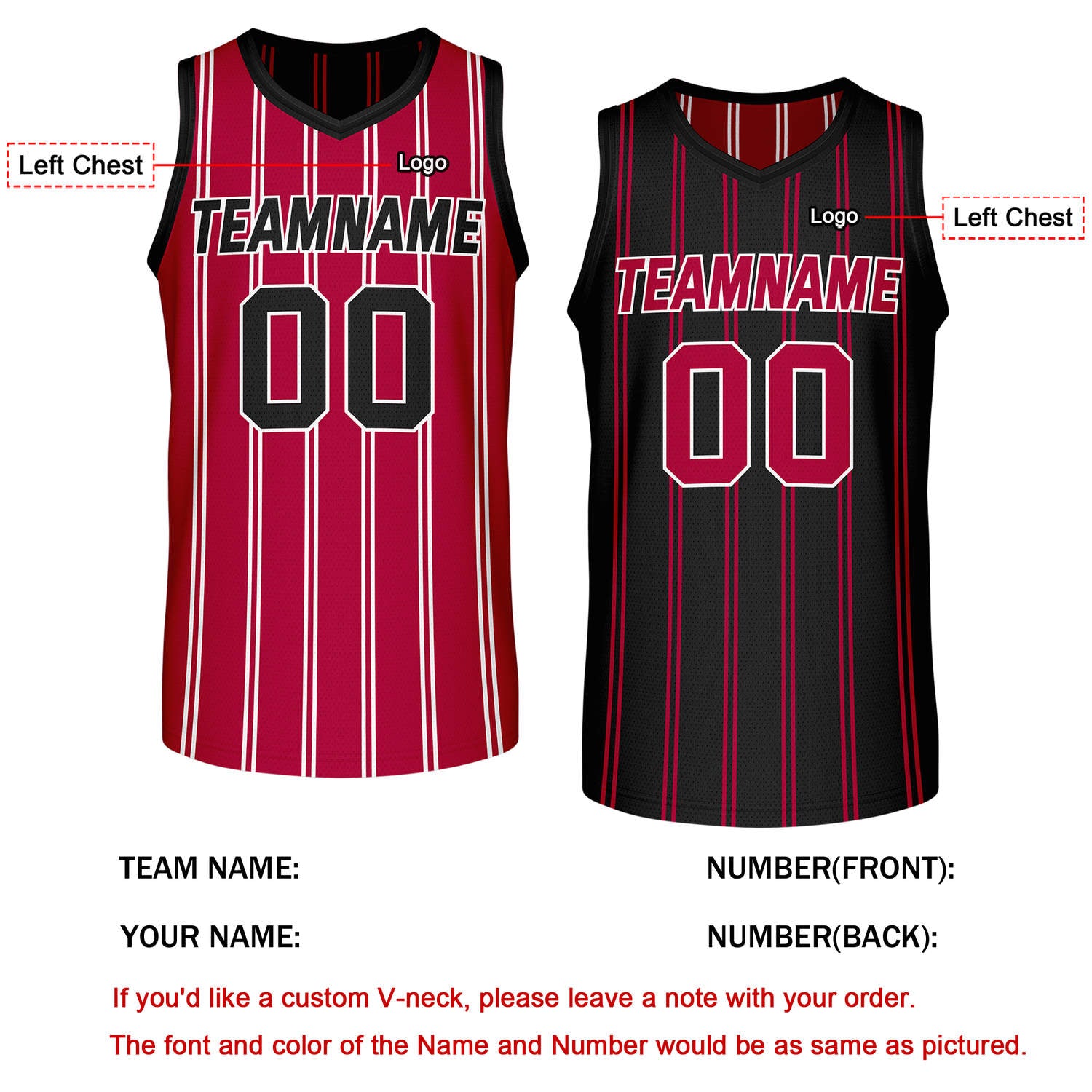 Custom Reversible Red Black Striped Basketball Jersey | Team Name & Number - Vosoli