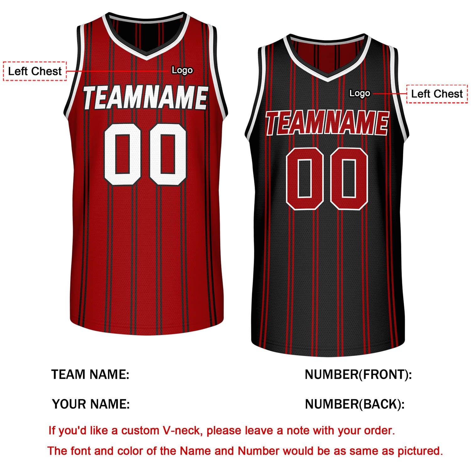Custom Reversible Red Black Striped Basketball Jersey | Team Name & Number - Vosoli
