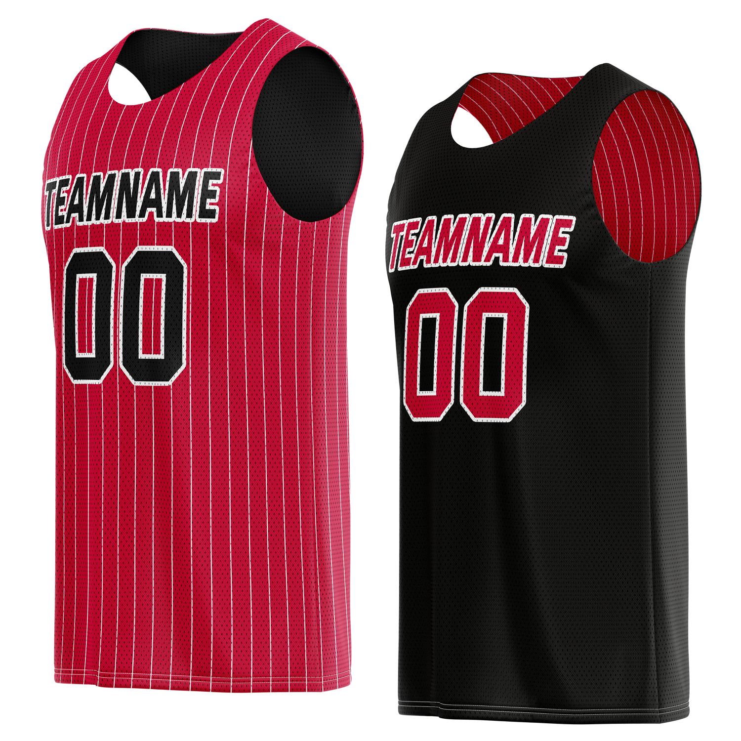 Custom Reversible Red Black Pinstripe Basketball Jersey, Personalized Team Name Number Breathable Mesh Uniform for Men Women Youth