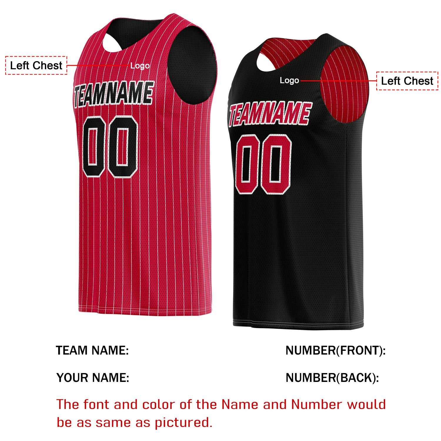 Custom Reversible Red Black Striped Basketball Jersey | Personalized Team Name, Number & LOGO | Vosoli