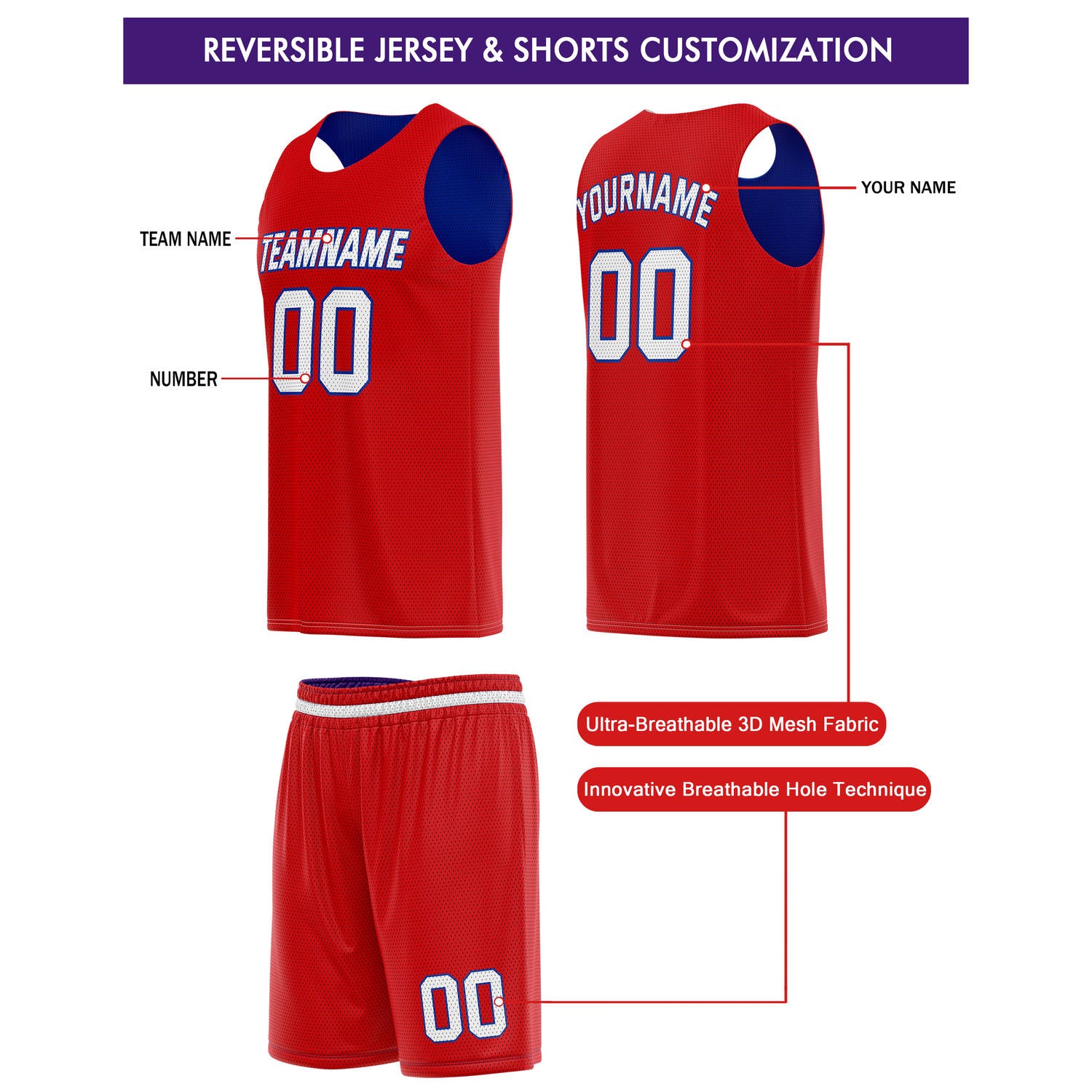 Custom Reversible Red Blue Basketball Jersey & Shorts Set | Personalized Team Kit | Vosoli