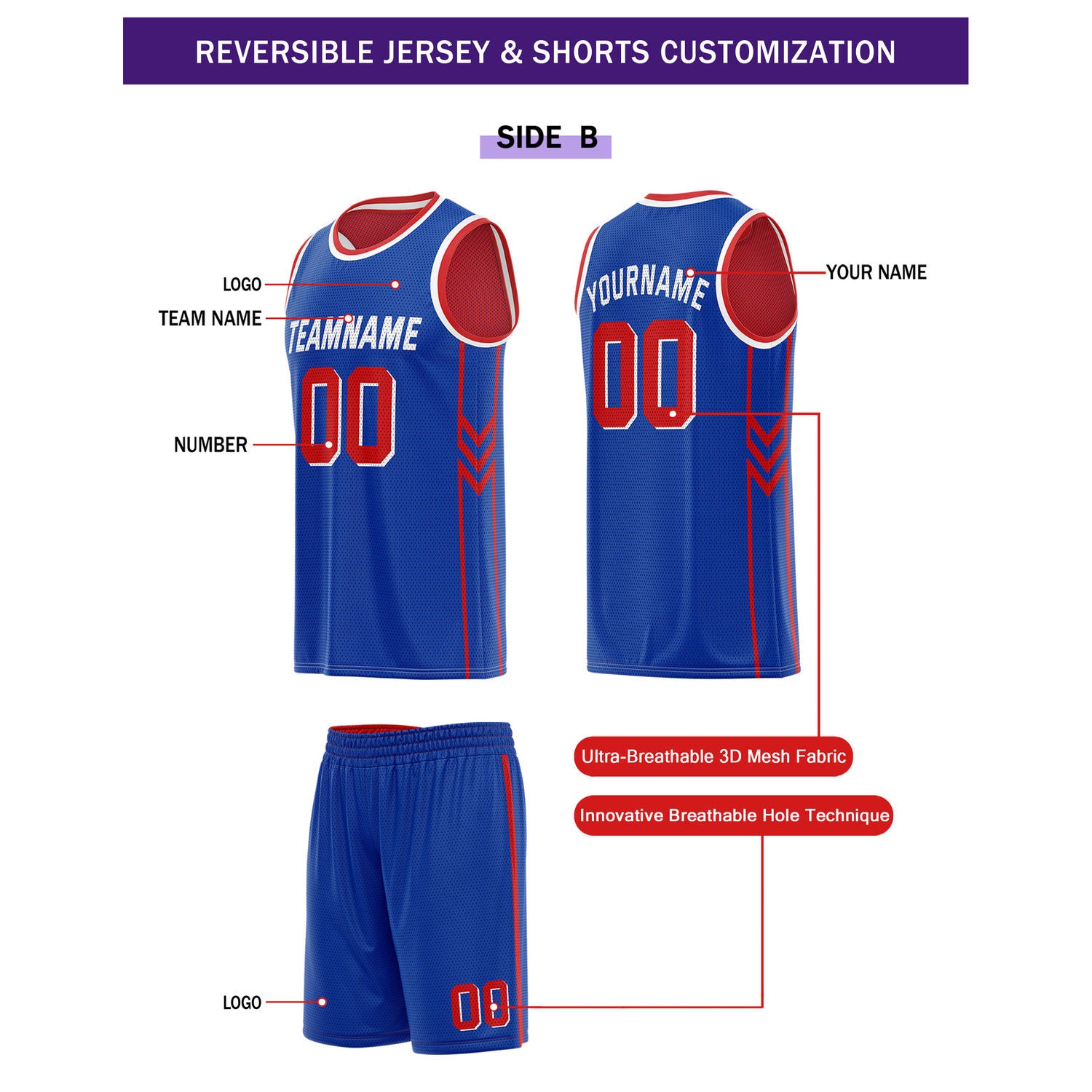Custom Reversible Red Blue Basketball Uniform Set | Team Name & Number - Vosoli