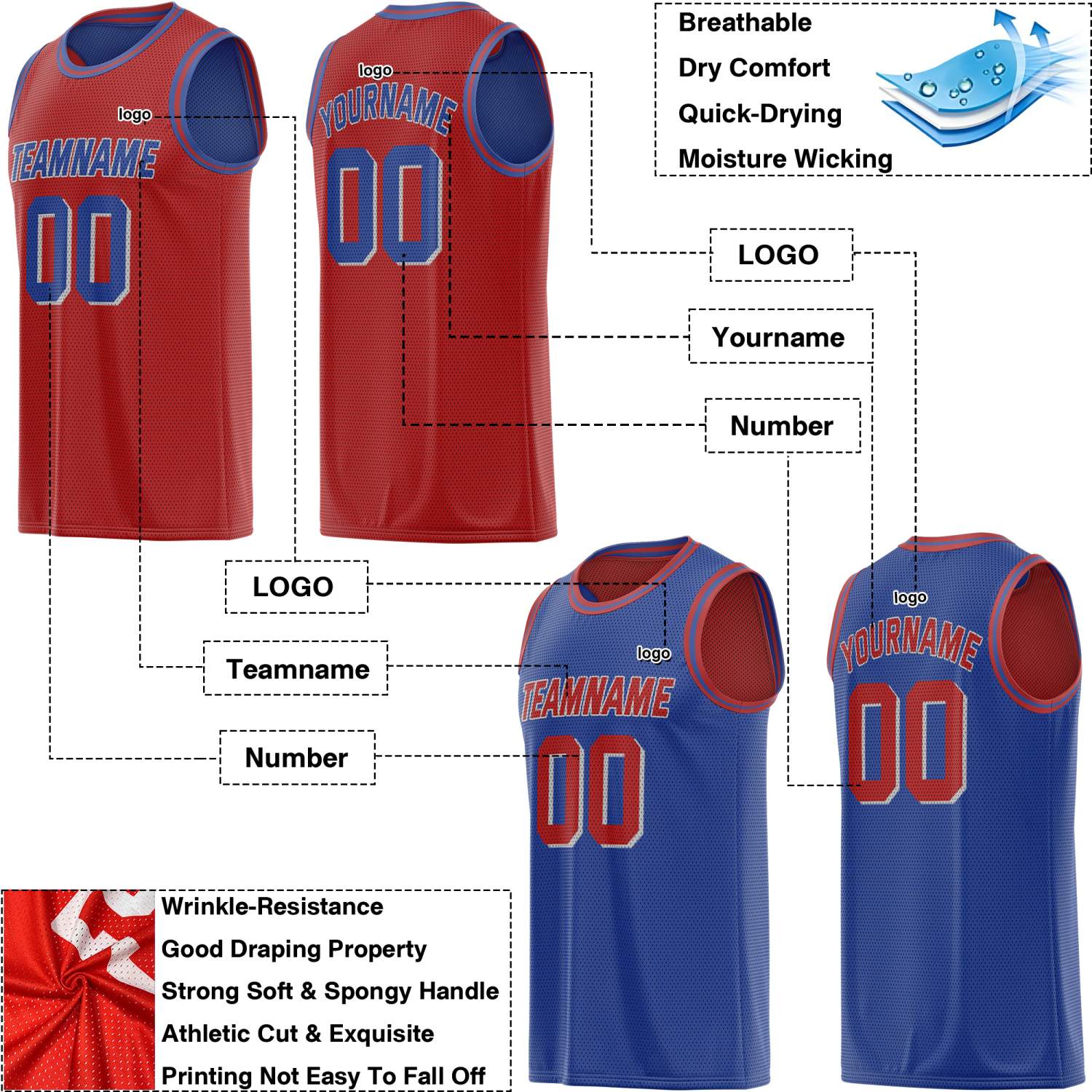Custom Reversible Red & Blue Mesh Basketball Jersey | Personalized Team Jersey | Vosoli