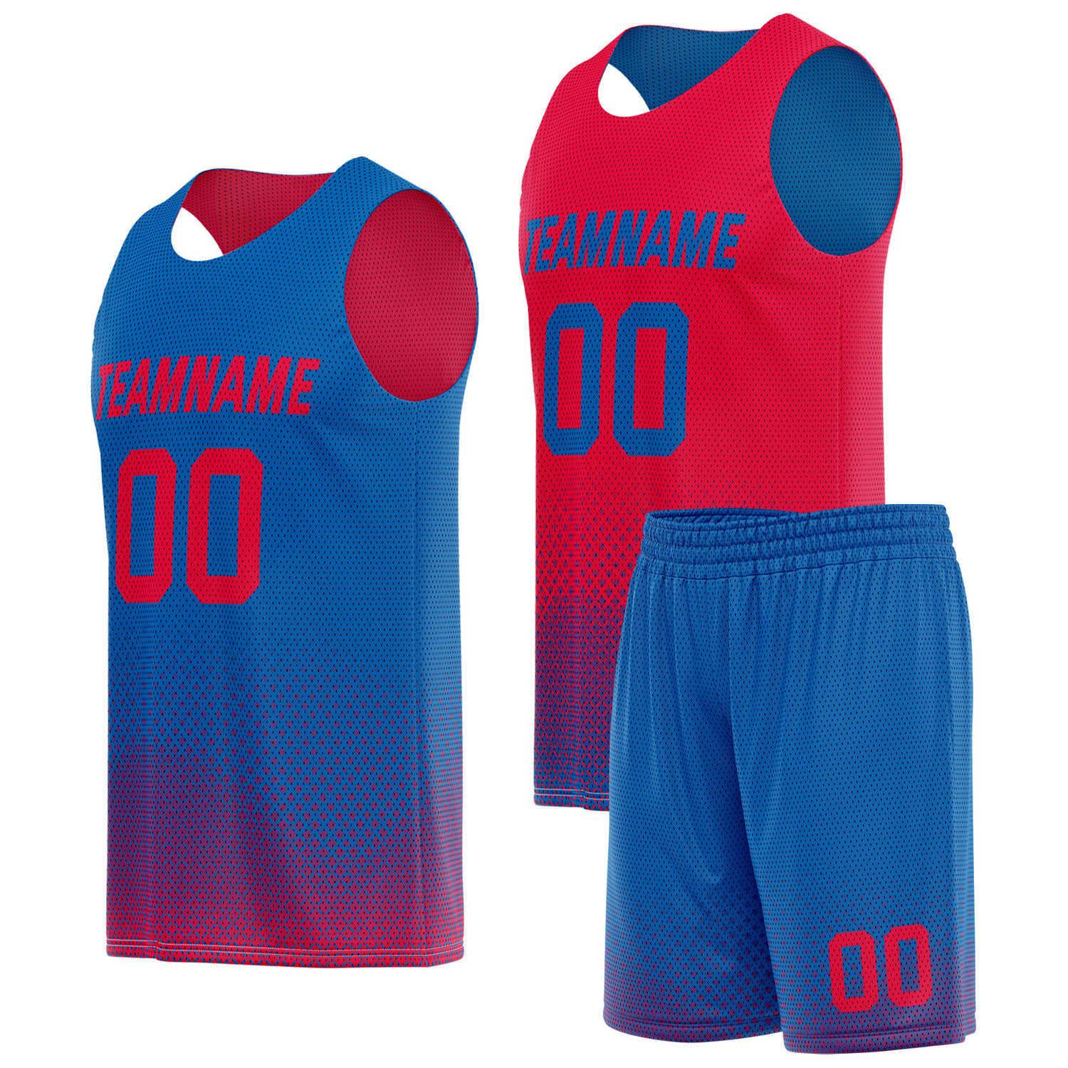 Custom reversible red blue basketball uniform, personalized team name number logo breathable Mesh sports set for men women youth game practice wear - Vosoli