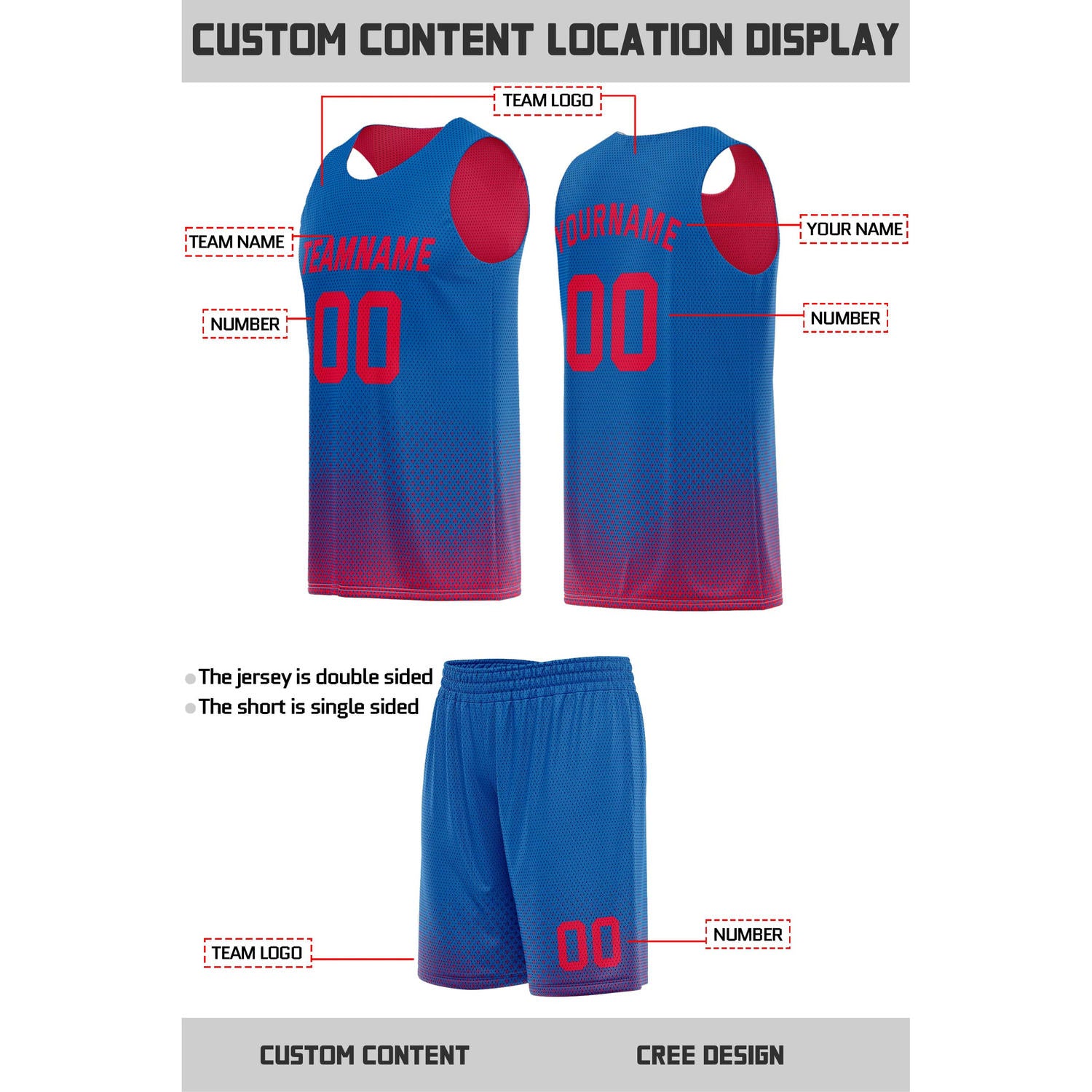 Custom Reversible Red & Blue Mesh Basketball Uniform | Personalized Team Set | Vosoli