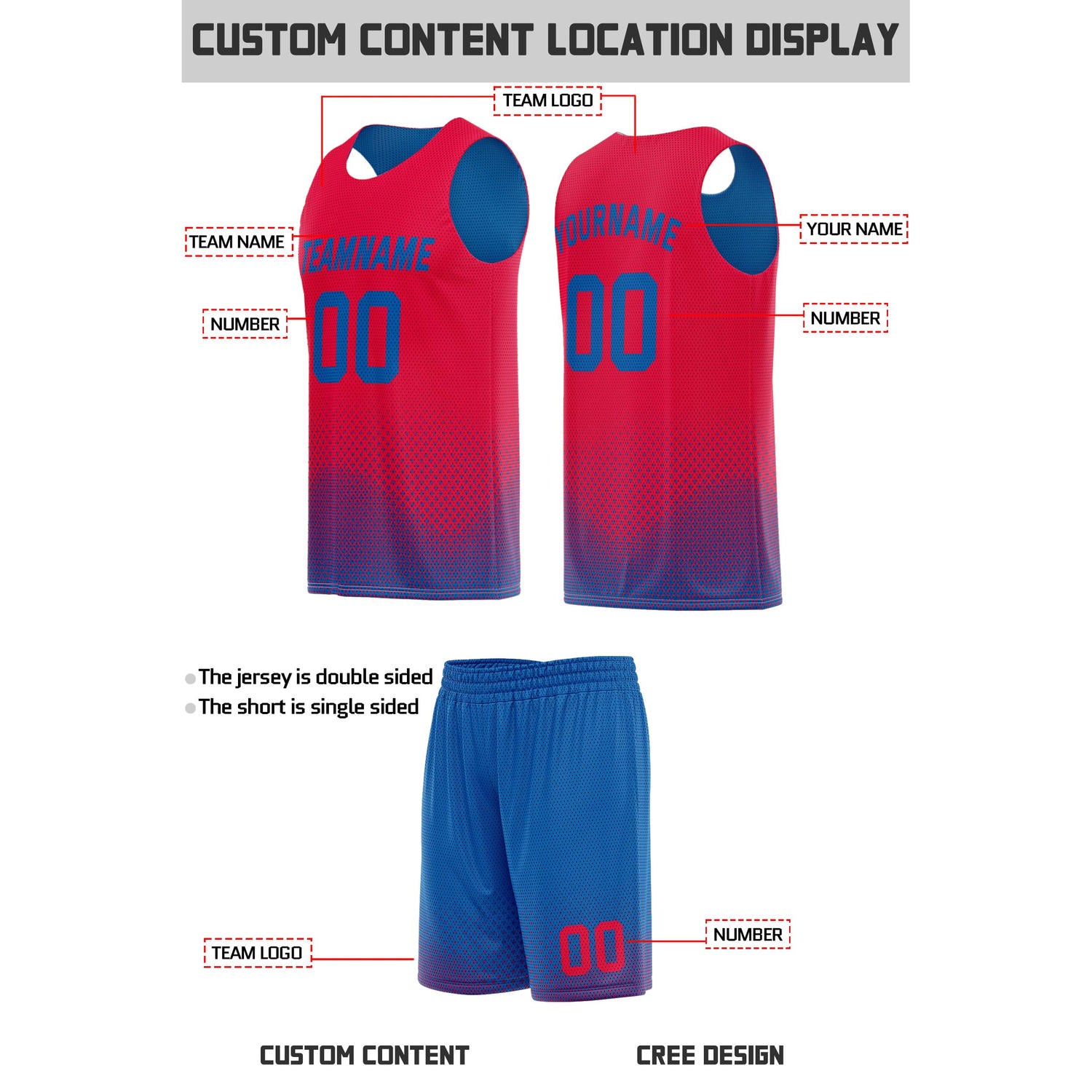 Custom Reversible Red & Blue Mesh Basketball Uniform | Personalized Team Set | Vosoli
