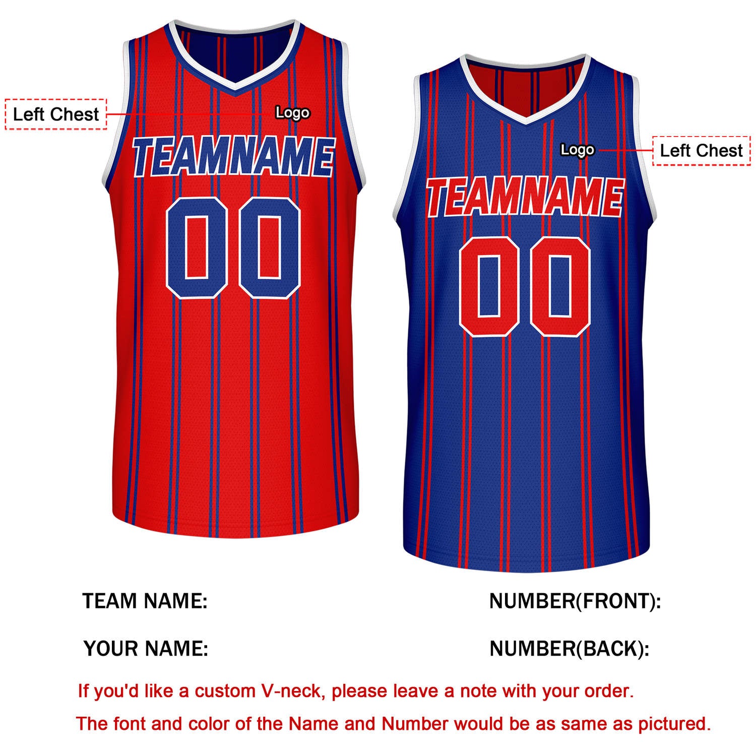 Custom Reversible Red Blue Striped Basketball Jersey | Team Name & Number - Vosoli