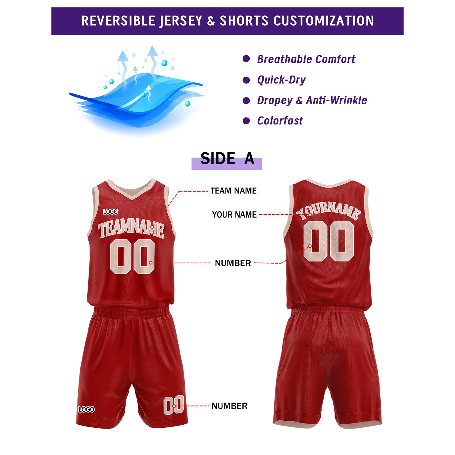 Custom Reversible Red Cream Basketball Uniform Set | Team Name & Number - Vosoli