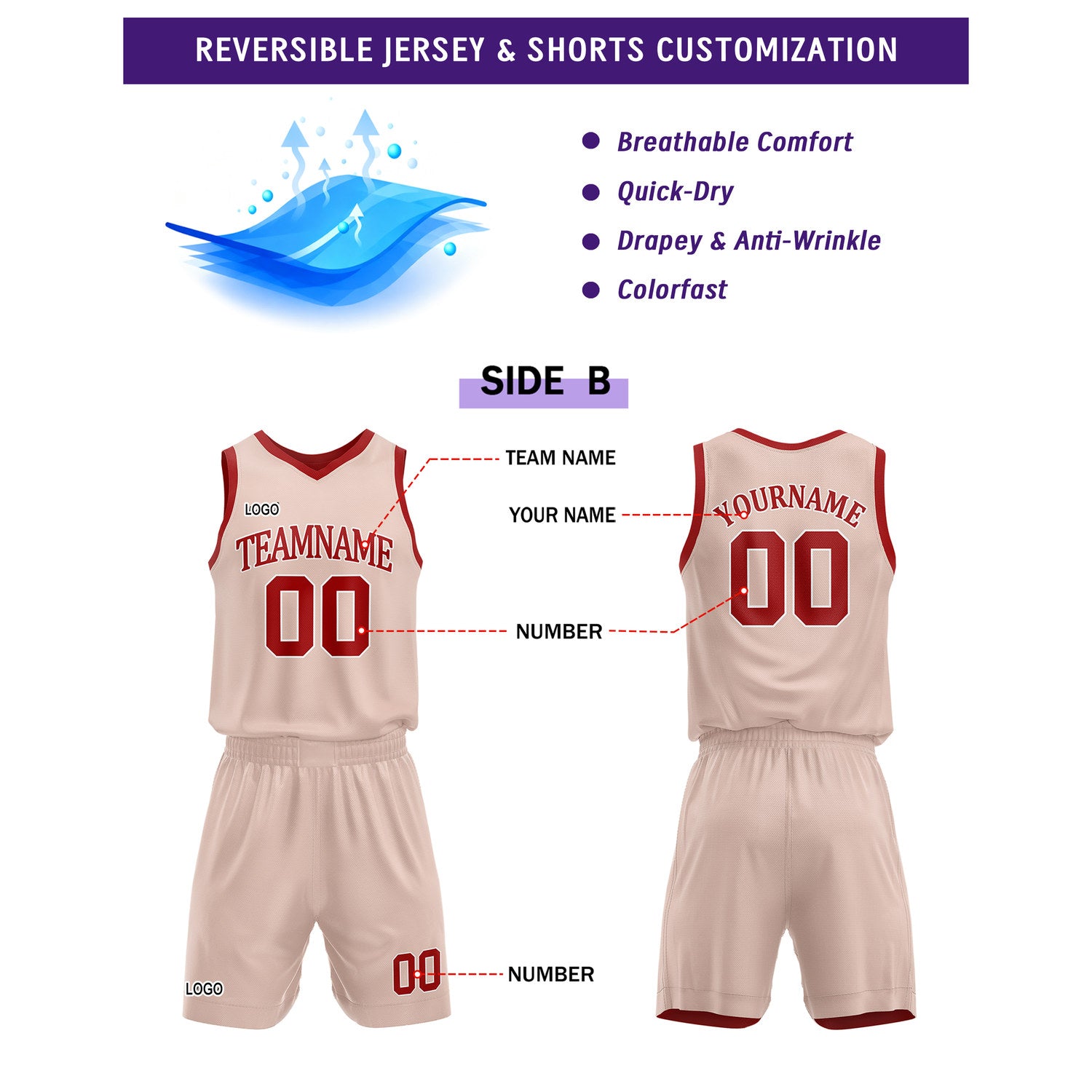 Custom Reversible Red Cream Basketball Uniform Set | Team Name & Number - Vosoli