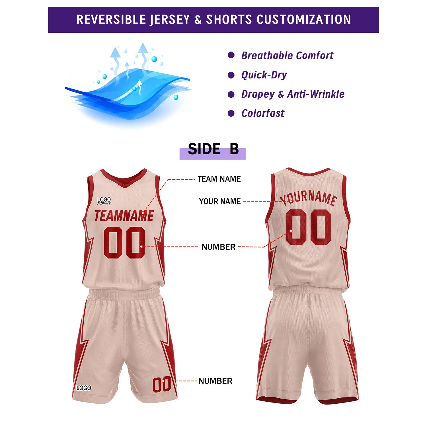 Custom Red Cream Basketball Uniforms for Youth & Adults - Reversible Jersey Set - Vosoli