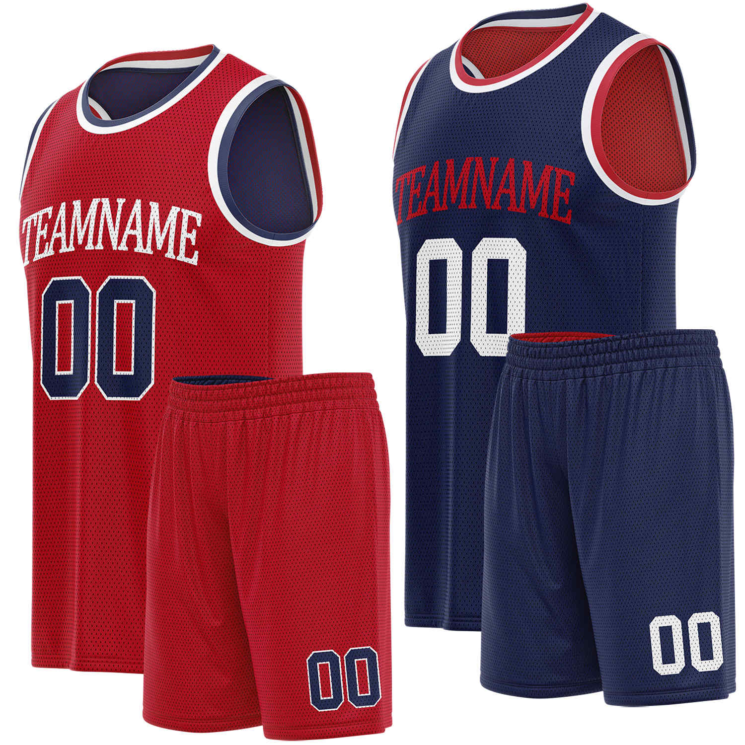 Custom reversible red & navy basketball uniform set, personalized team name number logo breathable mesh sports jersey and shorts for men women youth game practice - Vosoli