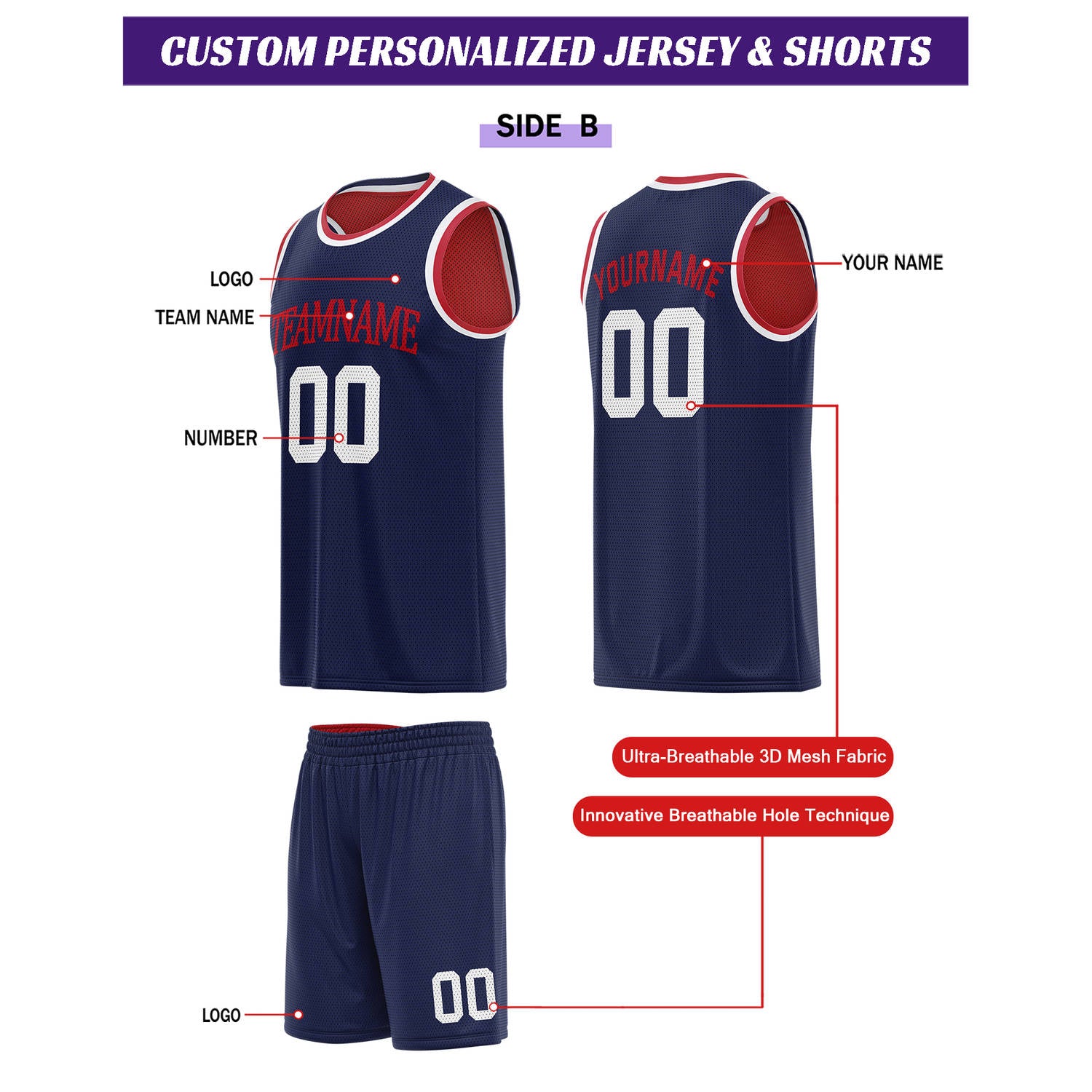 Custom Reversible Red & Navy Basketball Uniform Set | Personalized for Team Sports Practice - Vosoli