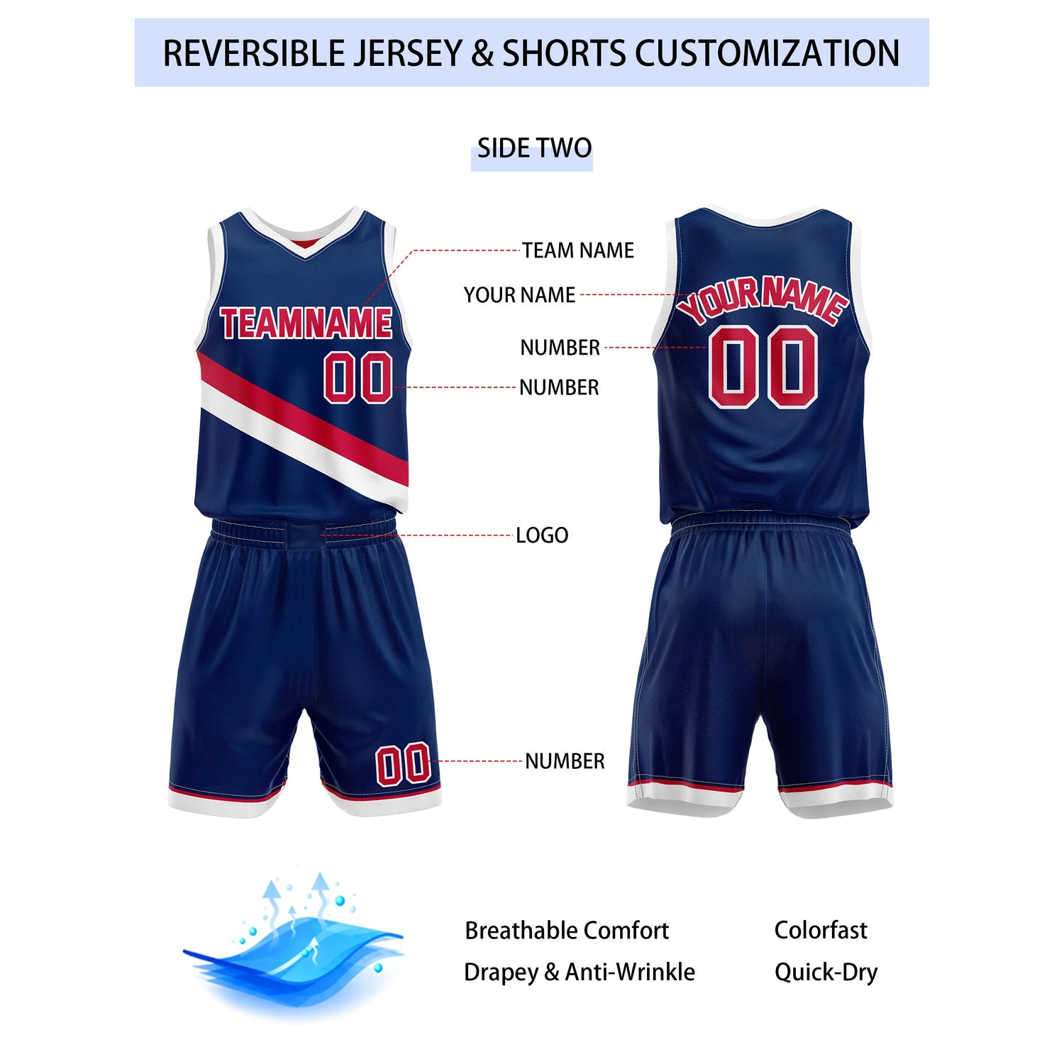 Custom Reversible Red Navy Basketball Uniform Set | Team & Player Name - Vosoli