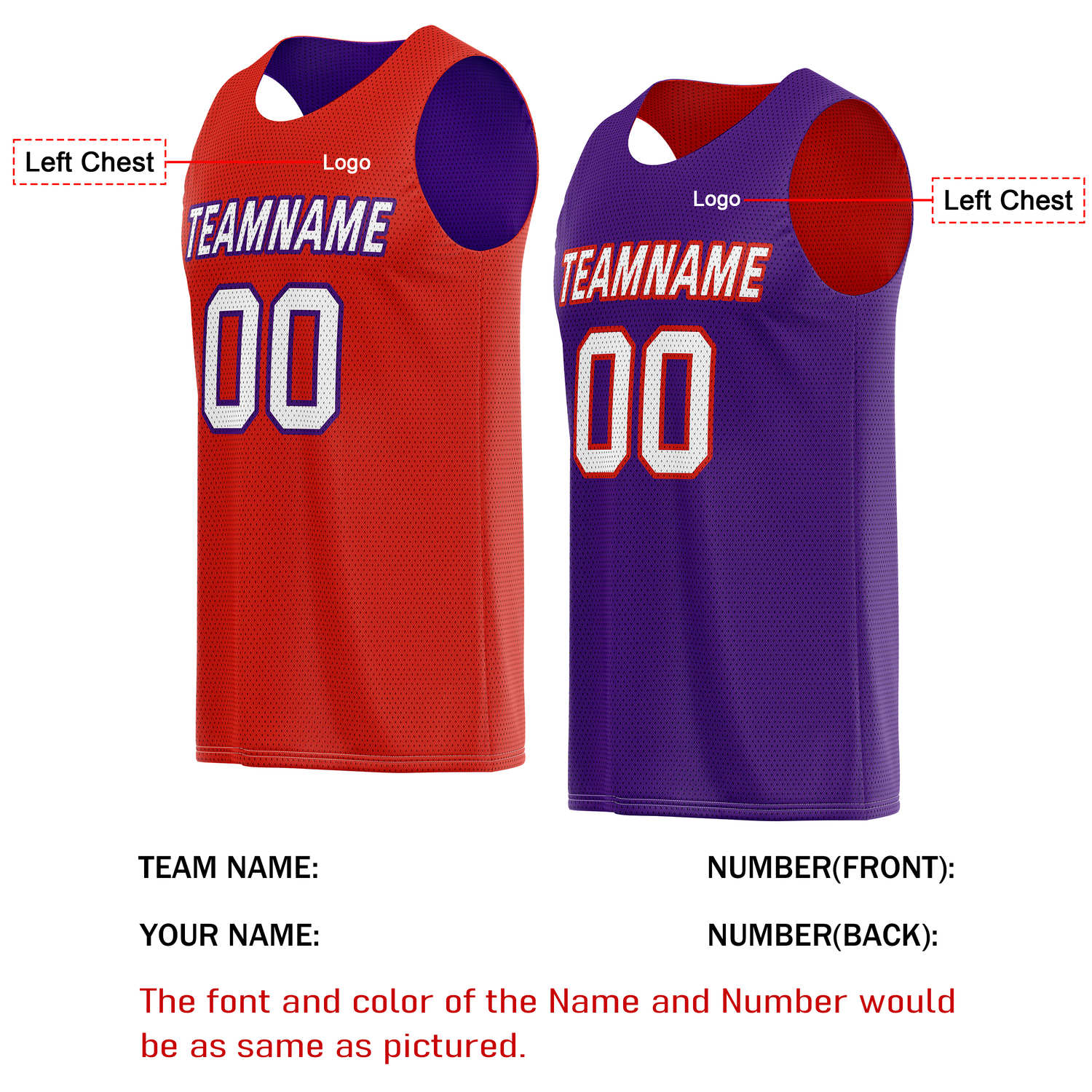 Custom Reversible Red Purple Basketball Jersey | Personalized Team Name & Number - Vosoli