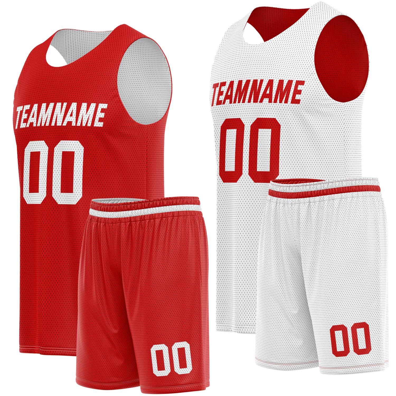 Custom Reversible Red White Basketball Jersey Shorts Set, Personalized Team Name Number Breathable Mesh Uniform for Men Women Youth