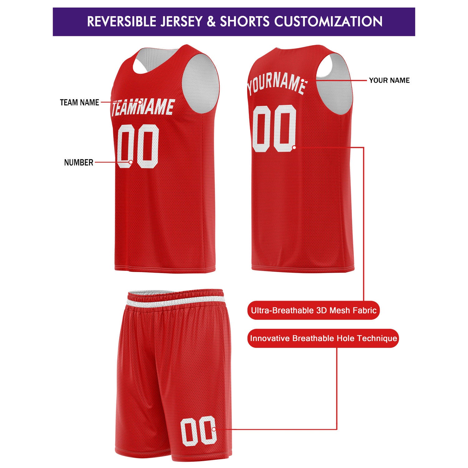 Custom Reversible Red White Basketball Jersey & Shorts Set | Personalized Team Kit | Vosoli