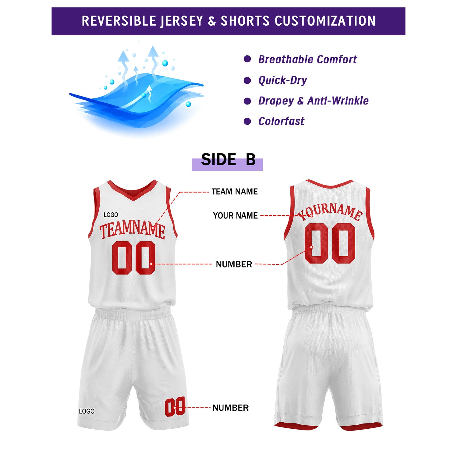 Custom Reversible Red White Basketball Uniform Set | Team Name & Number - Vosoli