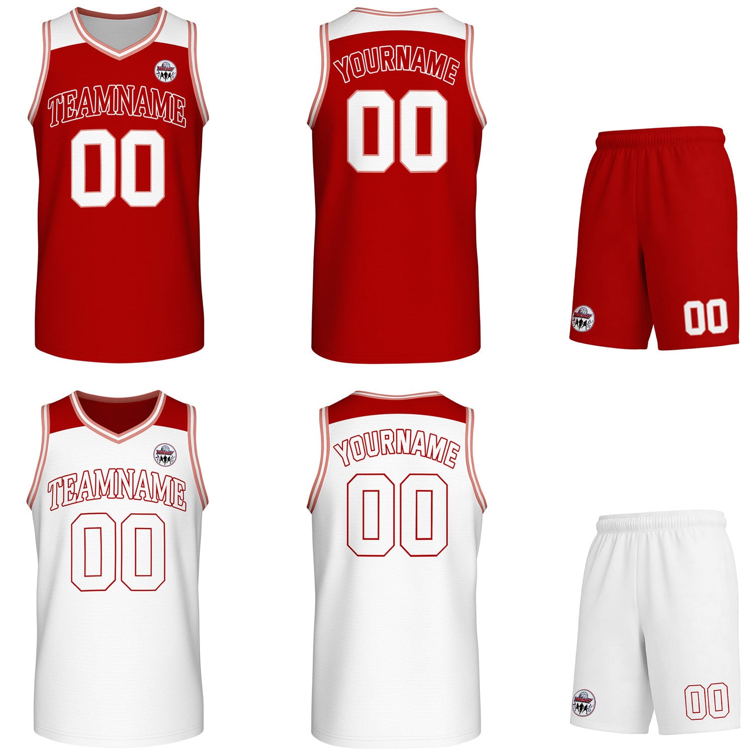 Custom reversible red & white basketball uniform set, personalized with team name number and logo, breathable mesh fabric for men women youth game practice - Vosoli
