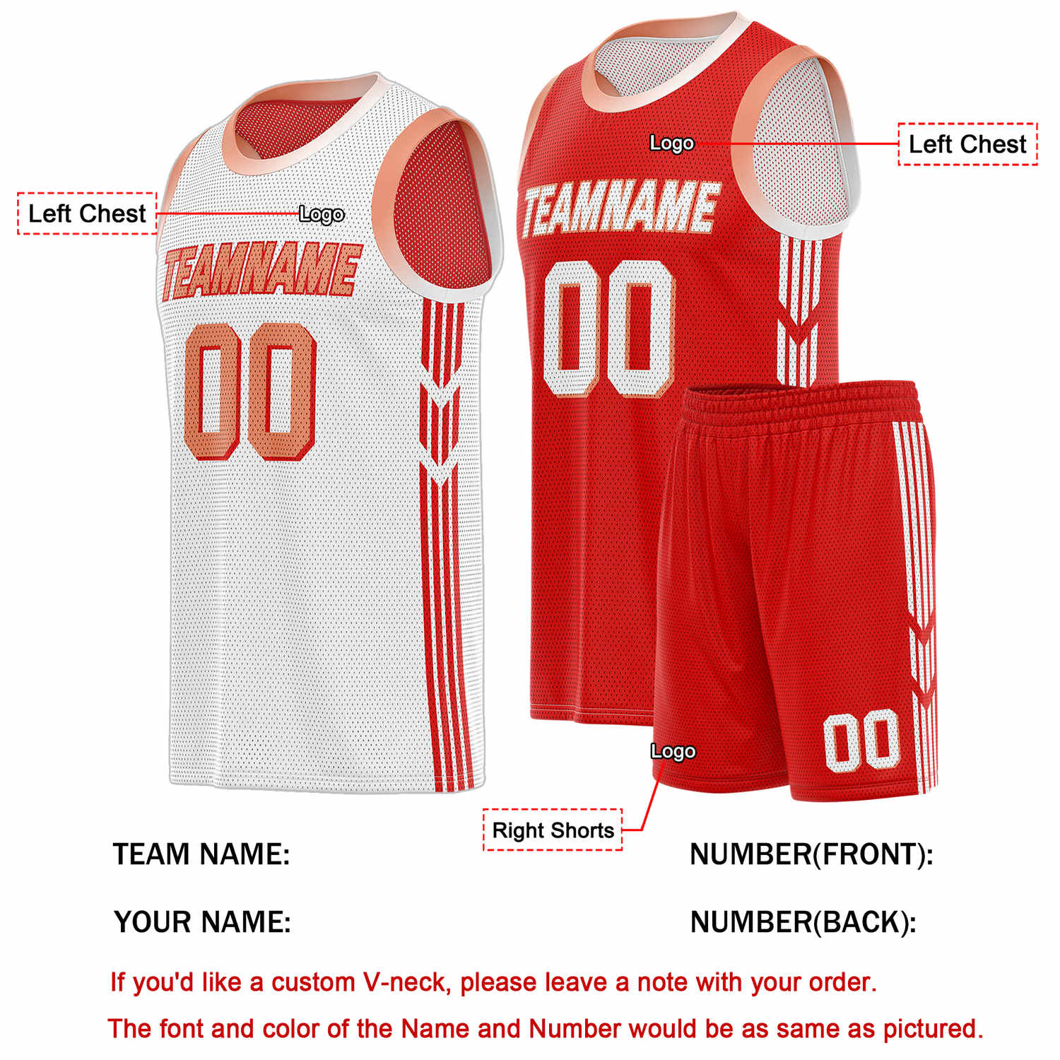 Custom Reversible Red White Basketball Uniform Set | Team & Player Name - Vosoli