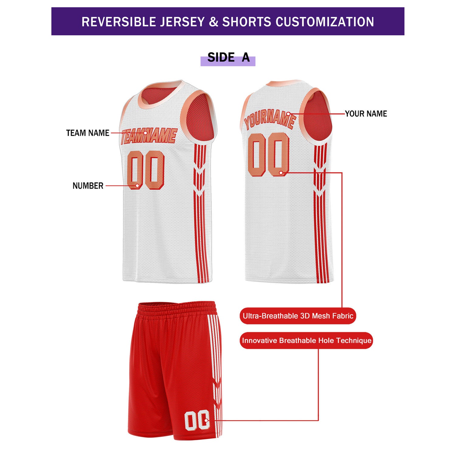 Custom Reversible Red White Basketball Uniform Set | Team & Player Name - Vosoli