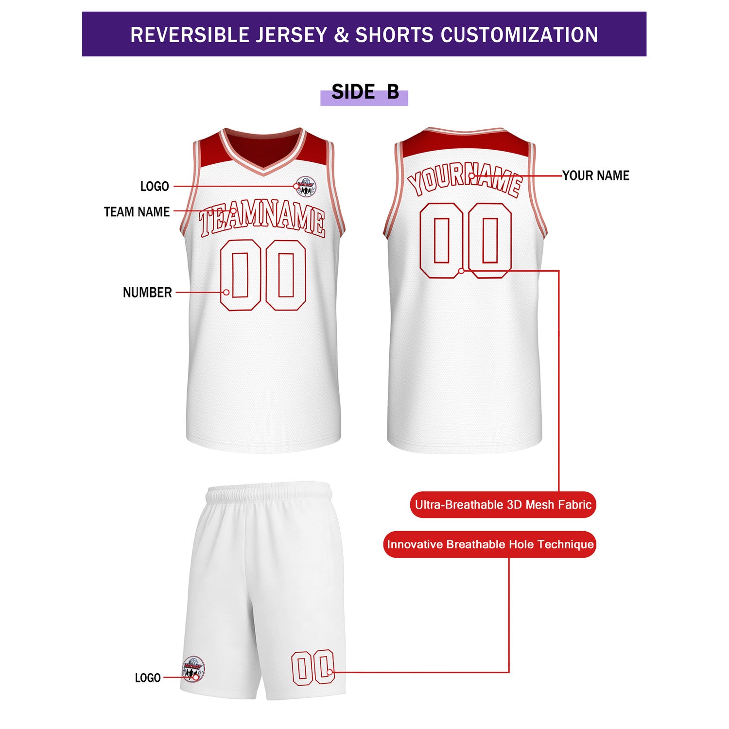Custom Reversible Red White Basketball Uniform Set | Team Name & Number - Vosoli