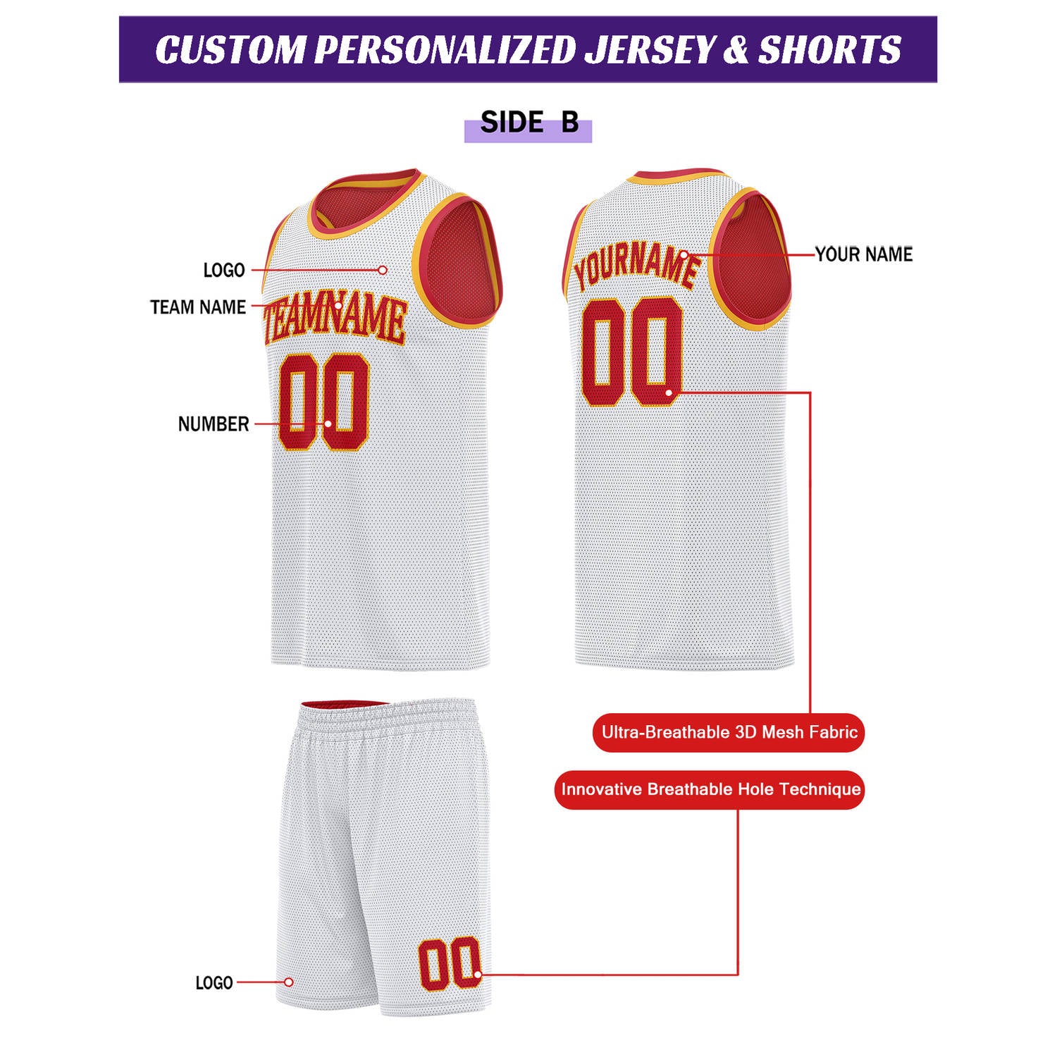 Custom Reversible Red & White Basketball Uniform Set | Personalized for Team Sports Practice - Vosoli
