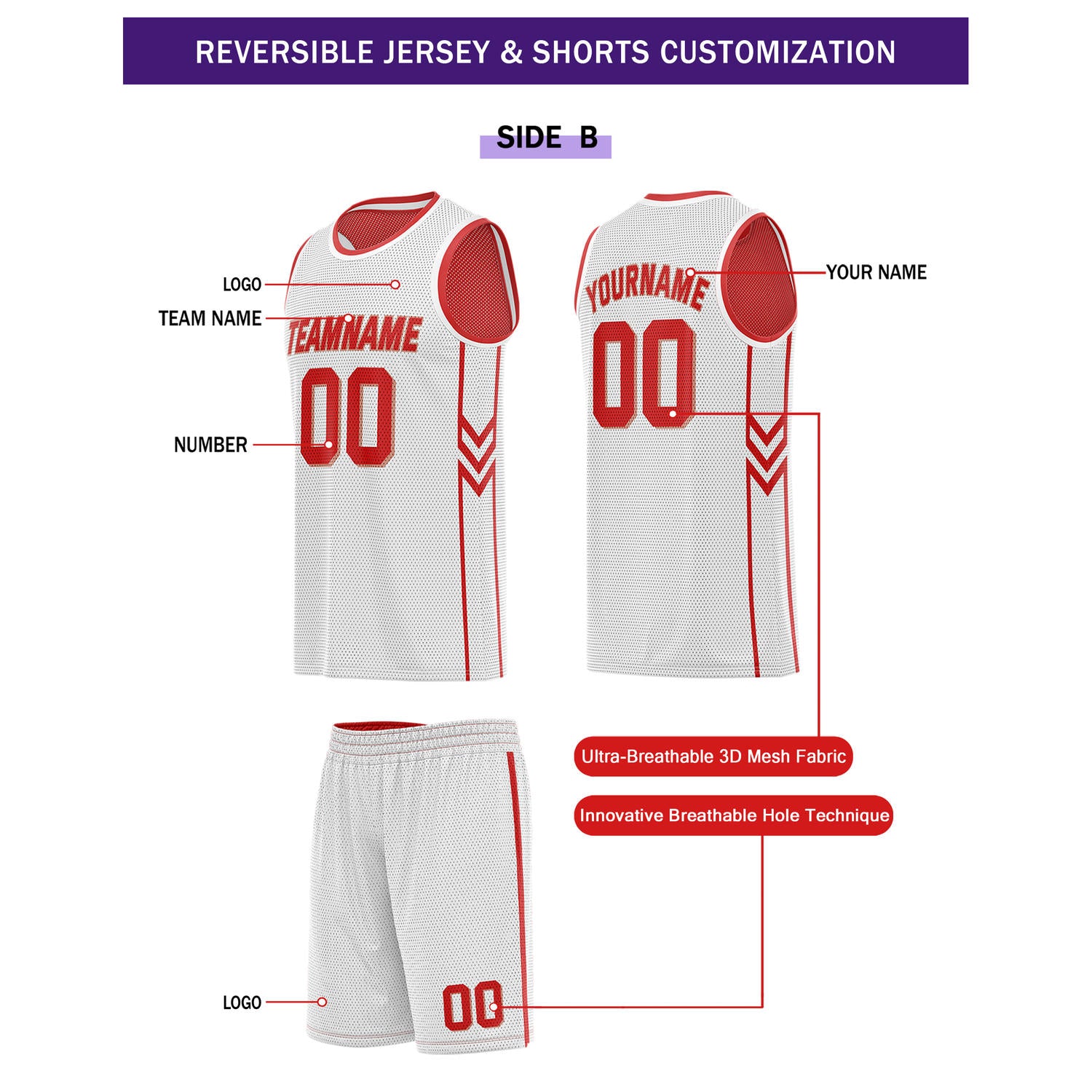 Custom Reversible Red White Basketball Uniform Set | Team Name & Number - Vosoli