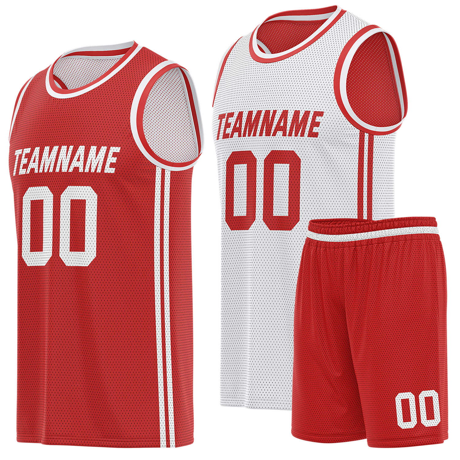 Custom reversible red & white basketball uniform (jersey + shorts), personalized team name number logo breathable mesh sports set for men women youth game practice - Vosoli