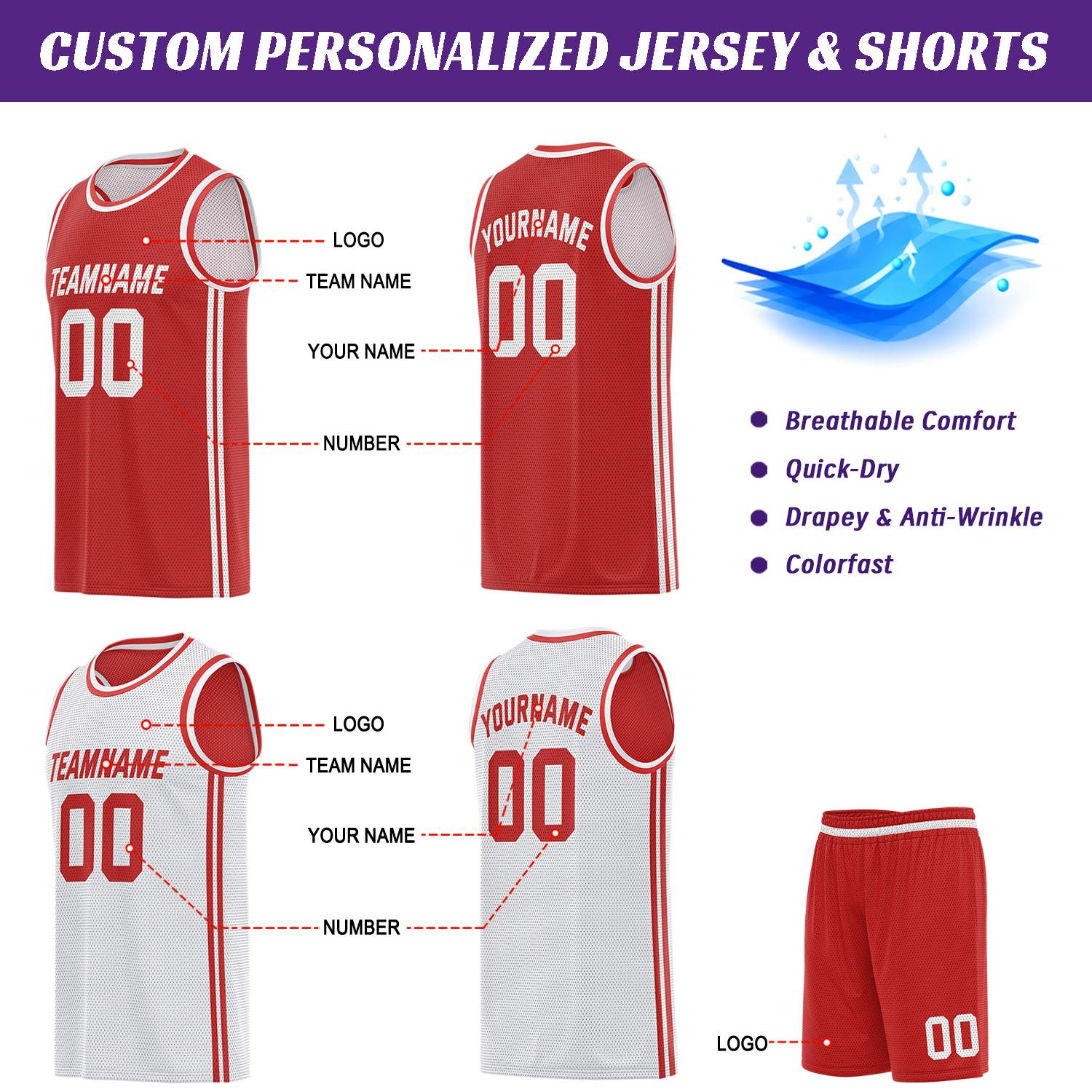 Custom Reversible Red & White Basketball Uniform | Jersey & Shorts Set - Vosoli