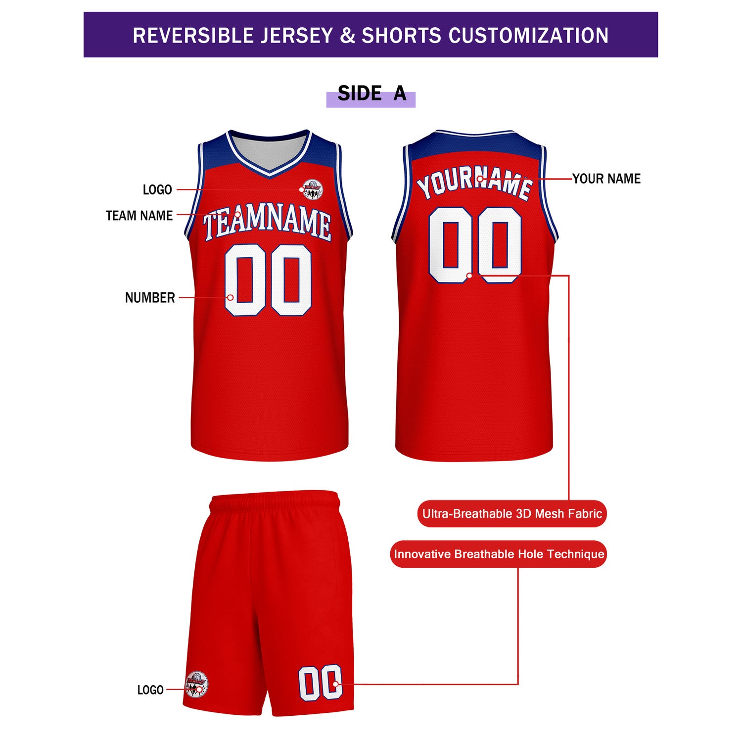 Custom Reversible Red White Blue Basketball Uniform Set | Team Name & Number - Vosoli