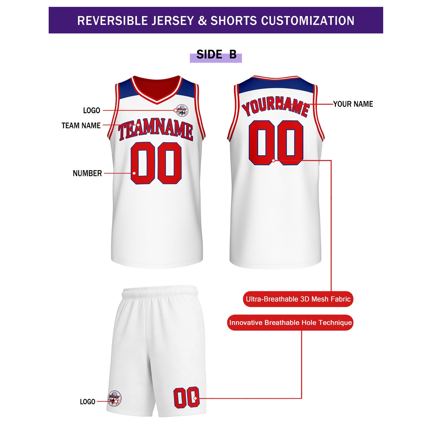 Custom Reversible Red White Blue Basketball Uniform Set | Team Name & Number - Vosoli