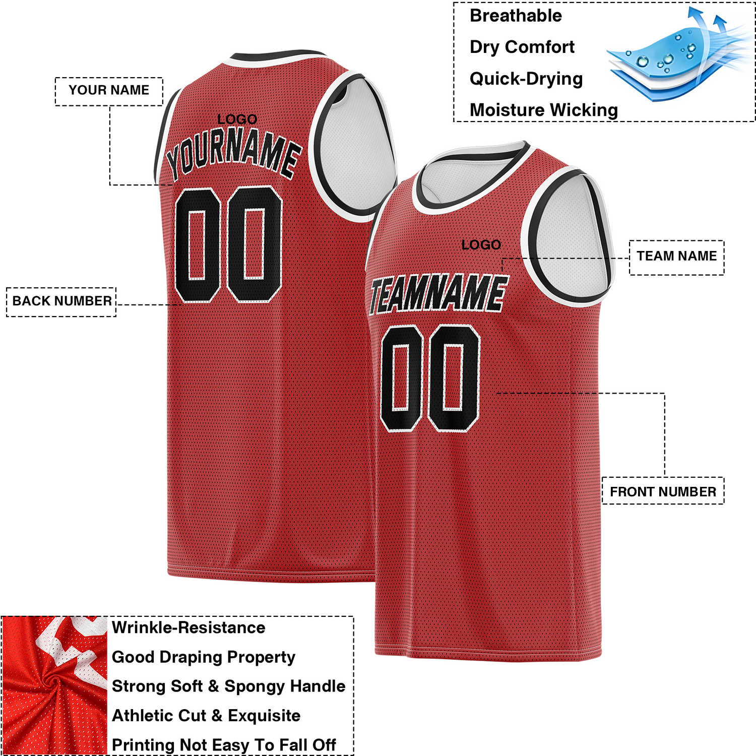 Custom Reversible Red & White Mesh Basketball Jersey | Personalized Team Jersey | Vosoli