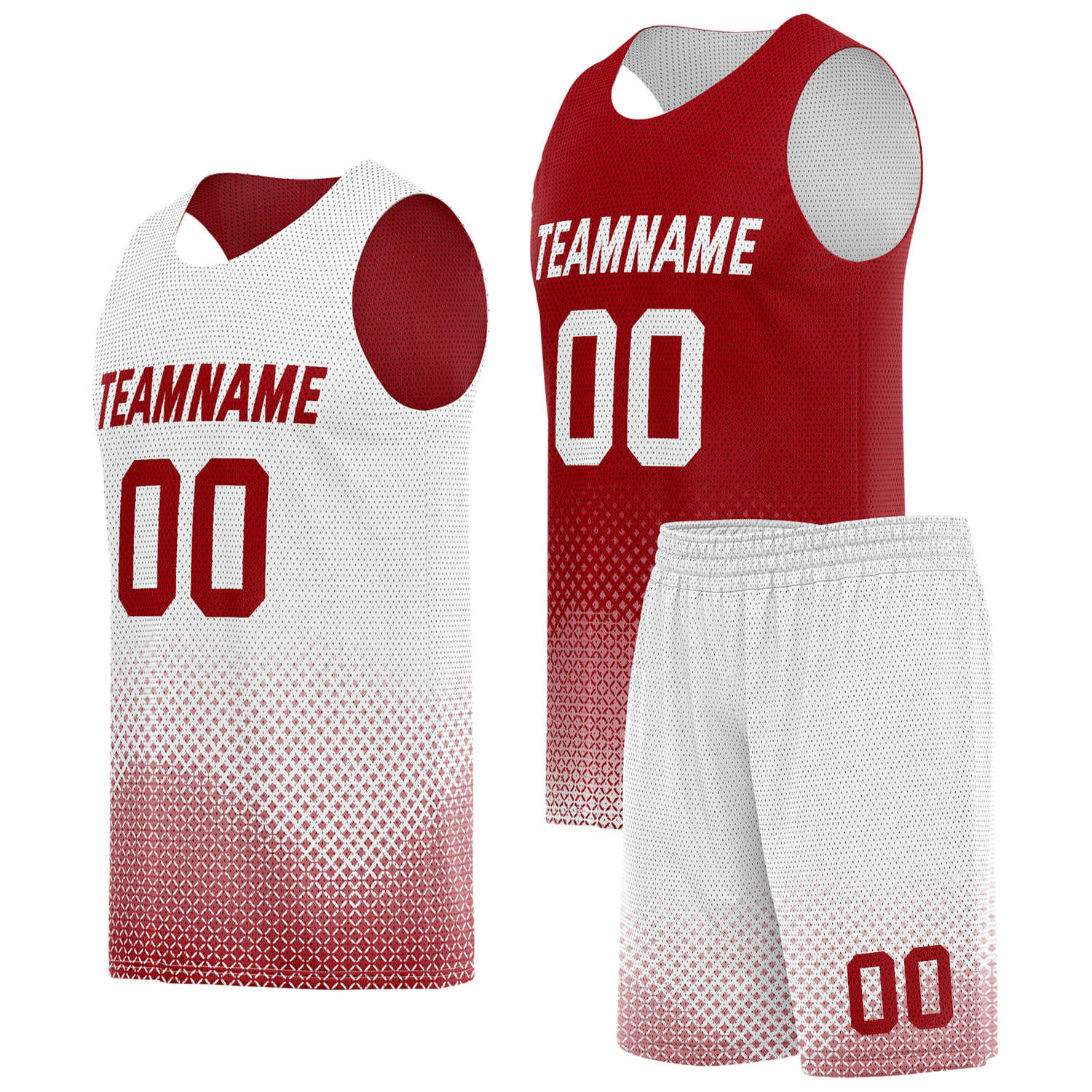 Custom reversible red white basketball uniform, personalized team name number logo breathable Mesh sports set for men women youth game practice wear - Vosoli