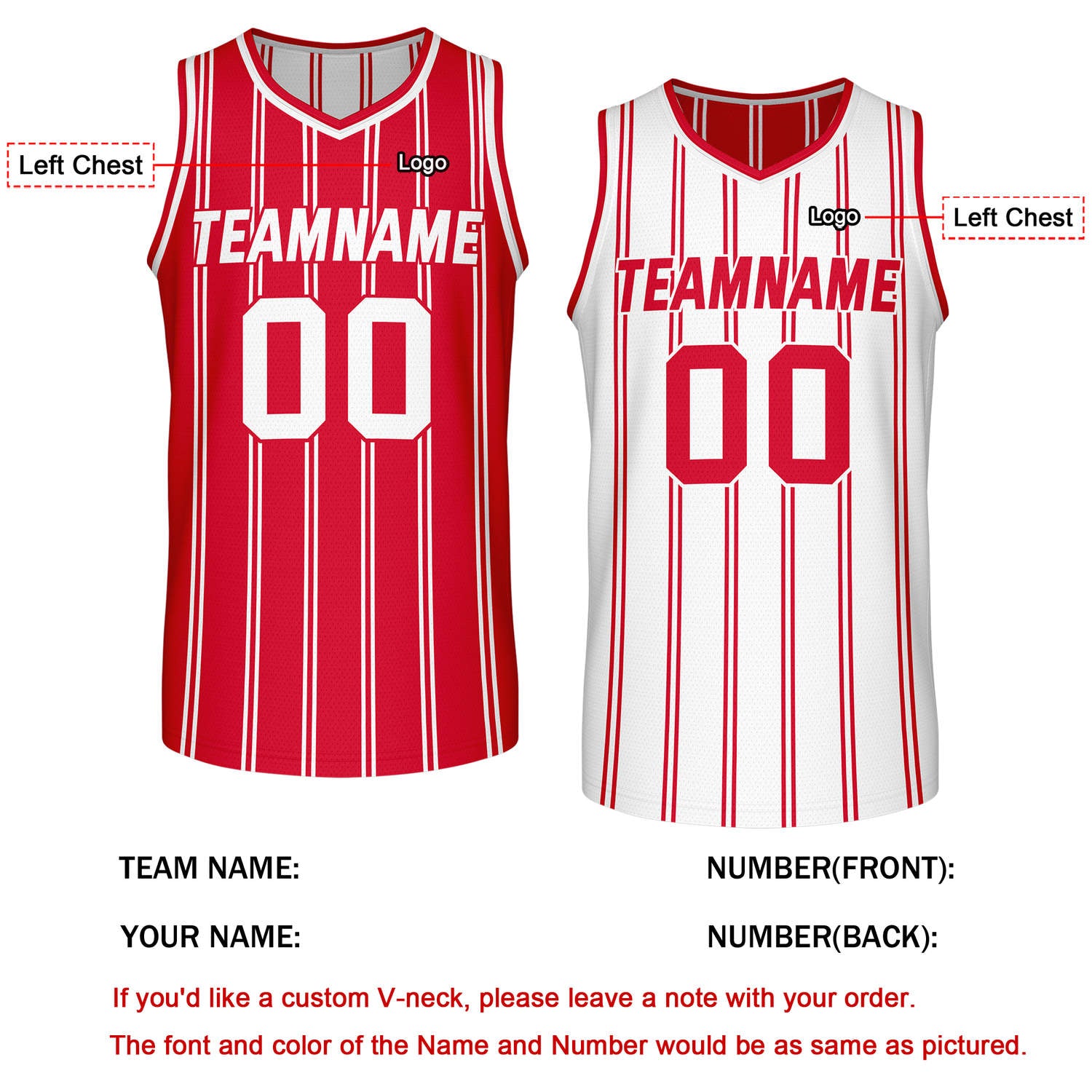 Custom Reversible Red White Striped Basketball Jersey | Team Name & Number - Vosoli