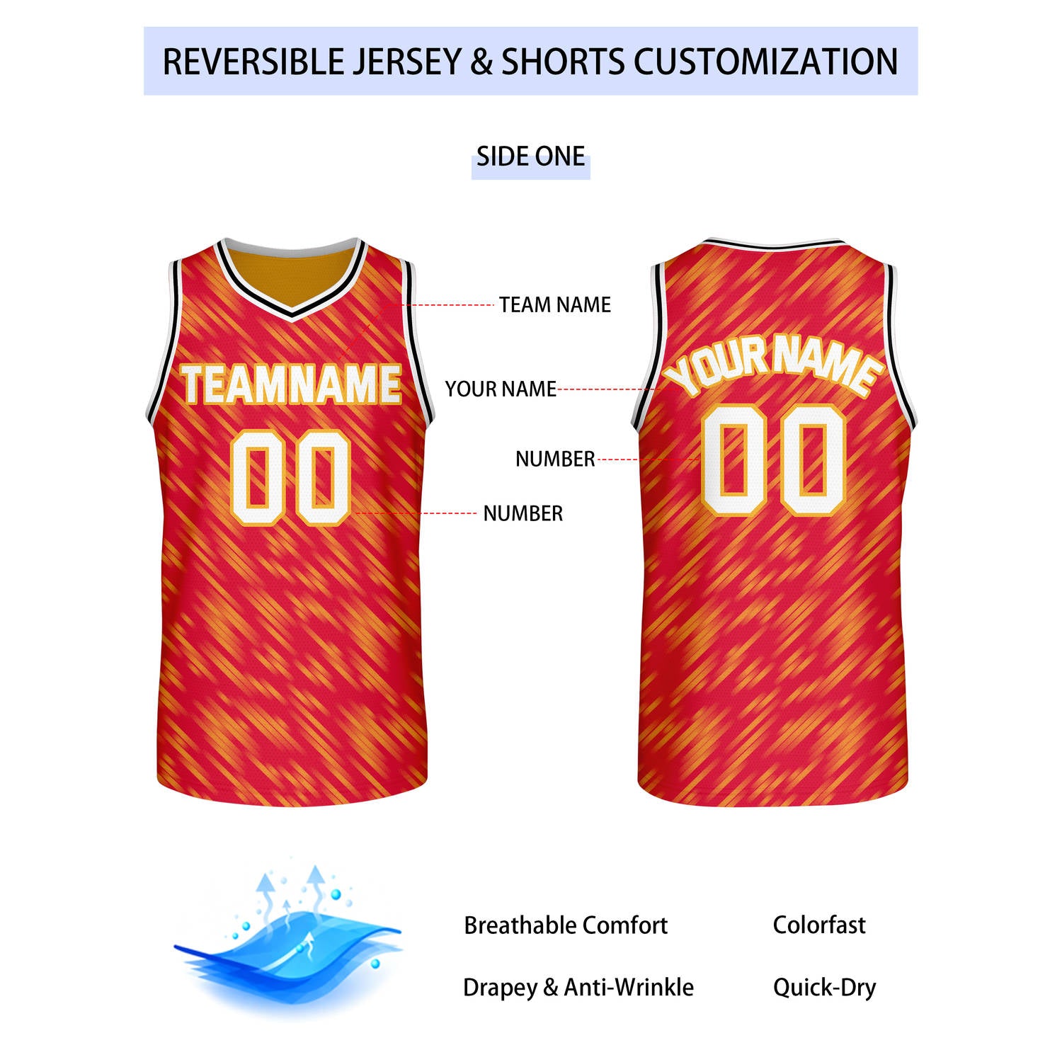 Custom Reversible Red Yellow Stripe Basketball Jersey | Team & Player Name - Vosoli
